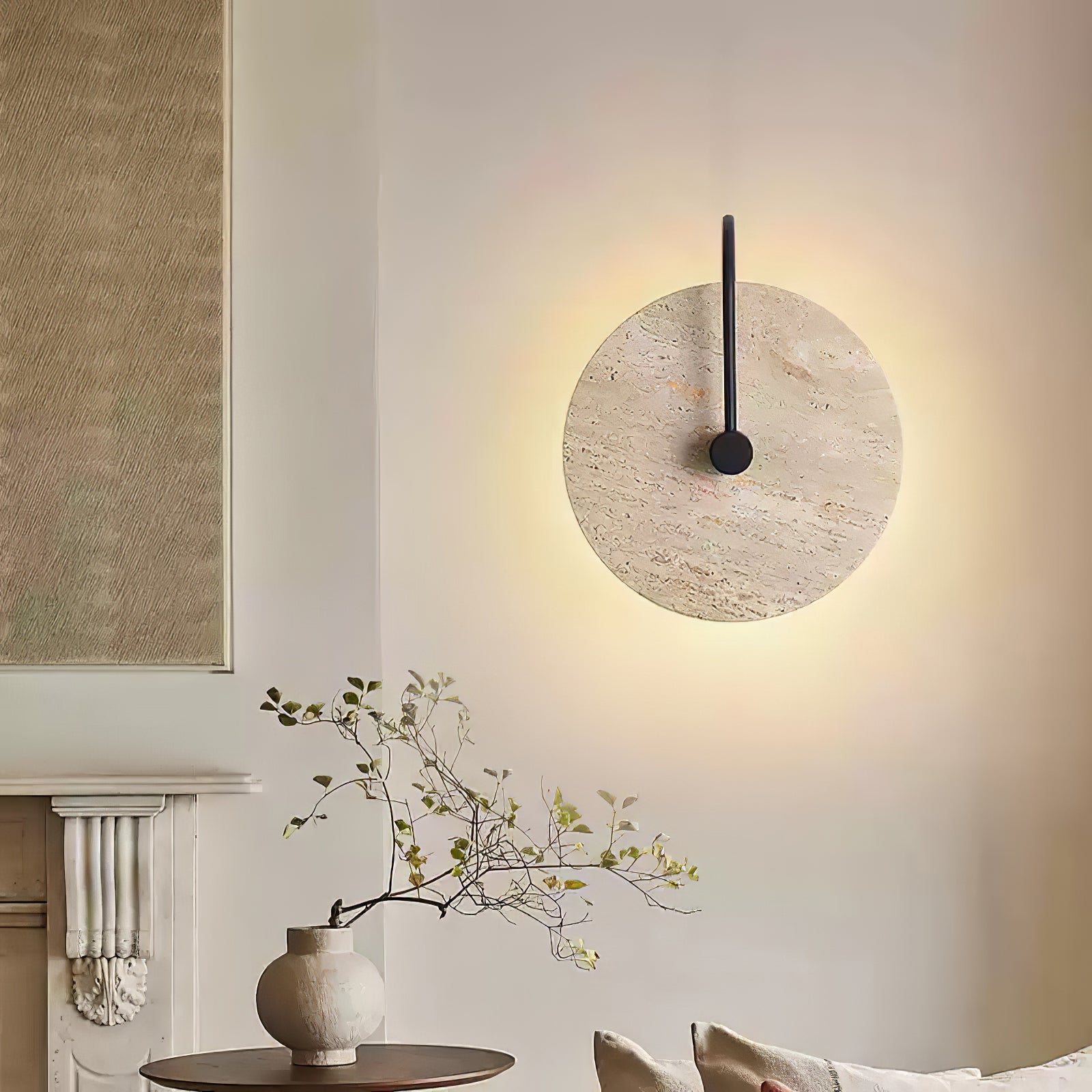 Round Wall Lamp | Travertine & Alabaster Stone | Yellow Finish