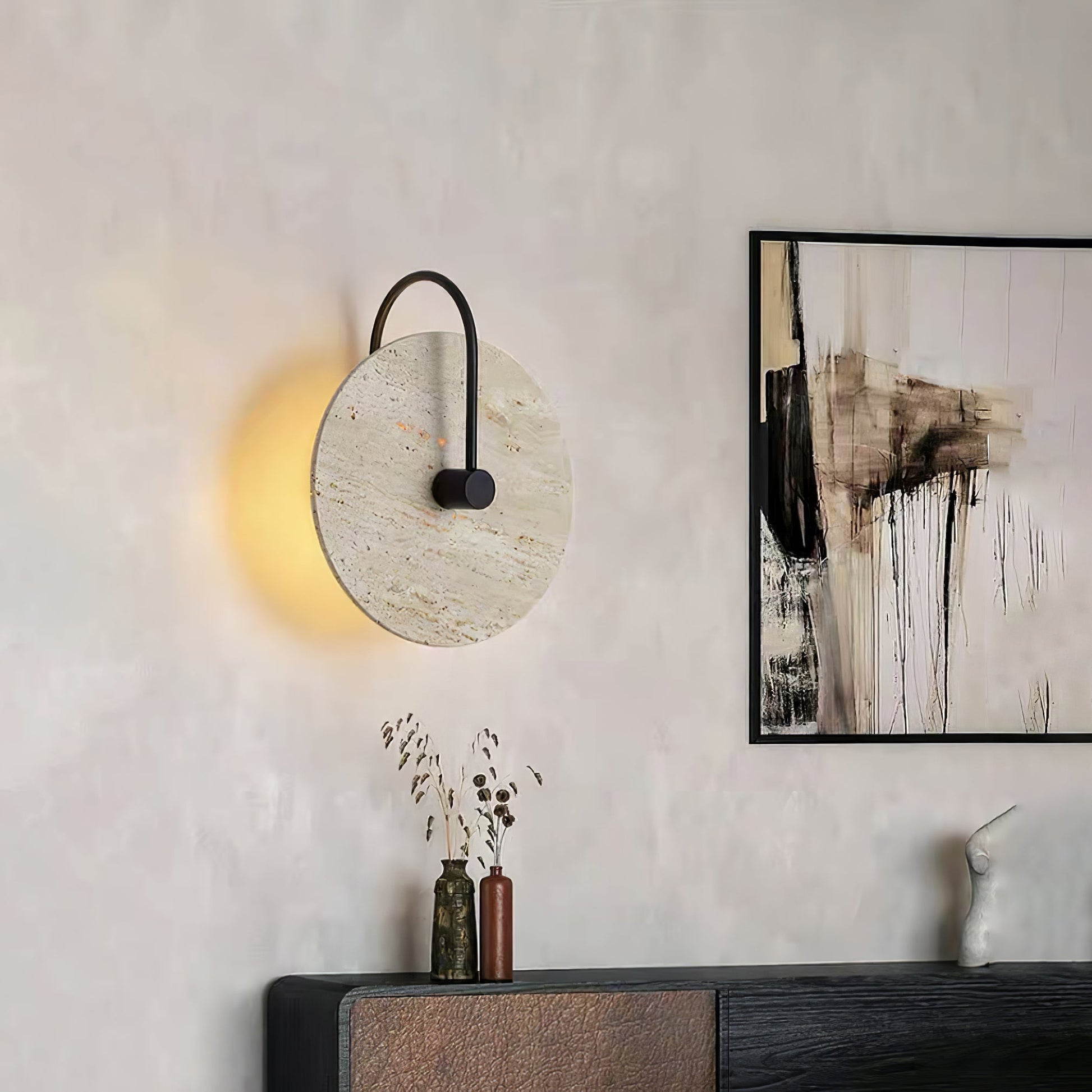 Round Wall Lamp | Travertine & Alabaster Stone | Yellow Finish