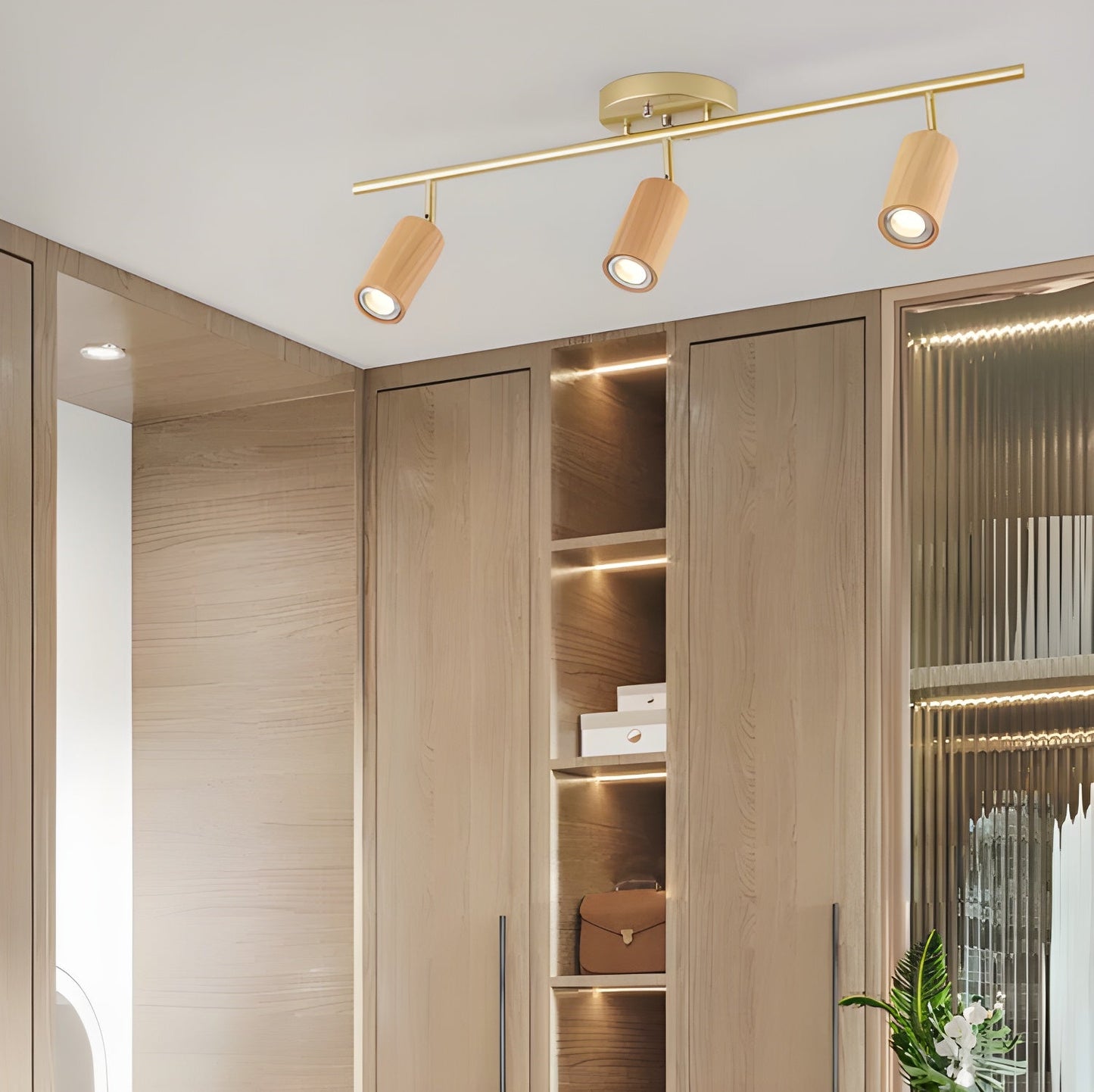 Rowan Ceiling Light | Wooden Finish & Gold Frame | Multiple Heads Available