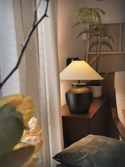 Ceramic Table Lamp | Matte Black with Beige Shade | 50cm Diameter