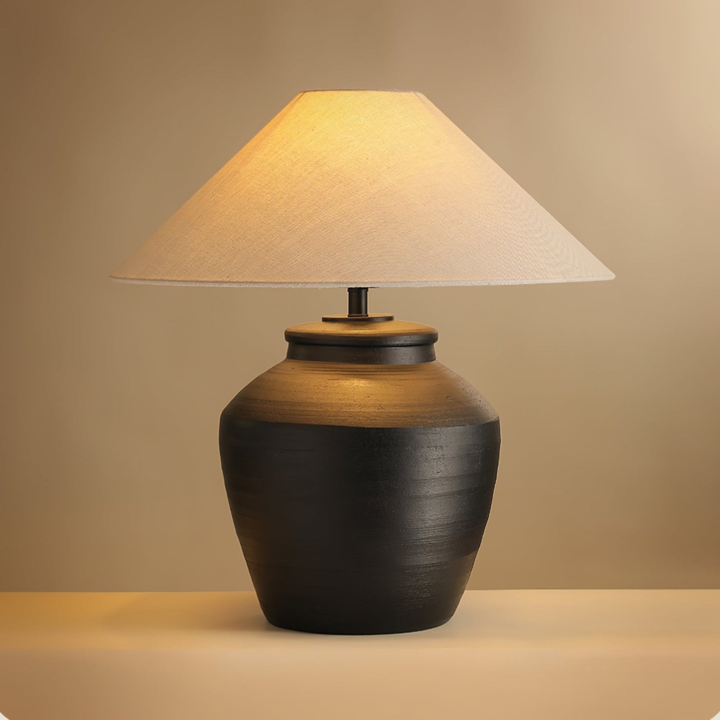 Ceramic Table Lamp | Matte Black with Beige Shade | 50cm Diameter