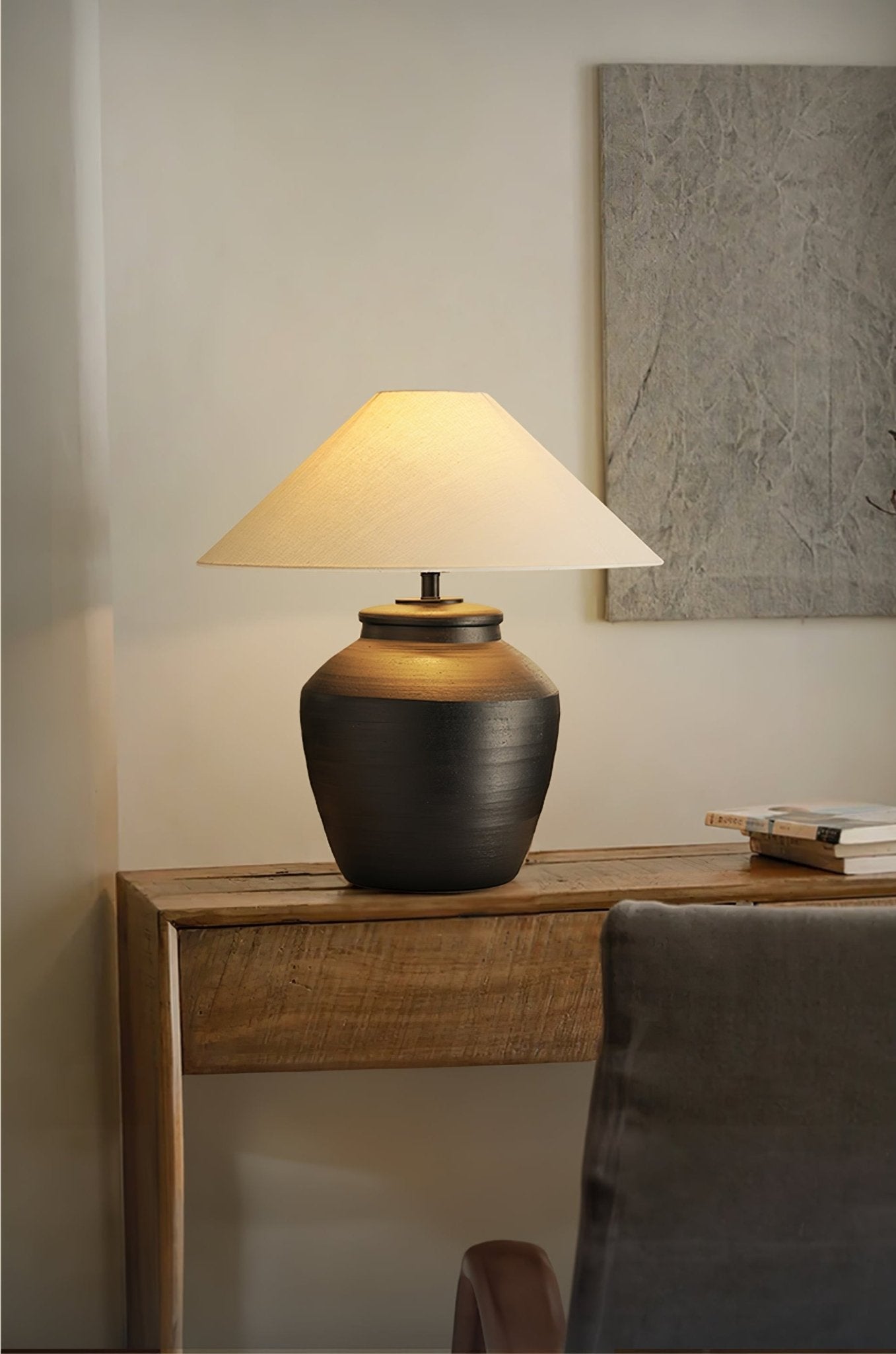 Ceramic Table Lamp | Matte Black with Beige Shade | 50cm Diameter