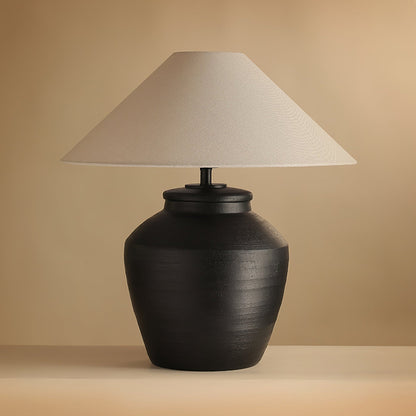 Ceramic Table Lamp | Matte Black with Beige Shade | 50cm Diameter