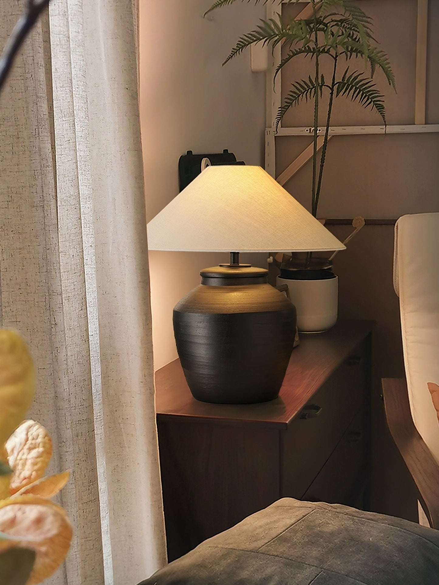 Ceramic Table Lamp | Matte Black with Beige Shade | 50cm Diameter