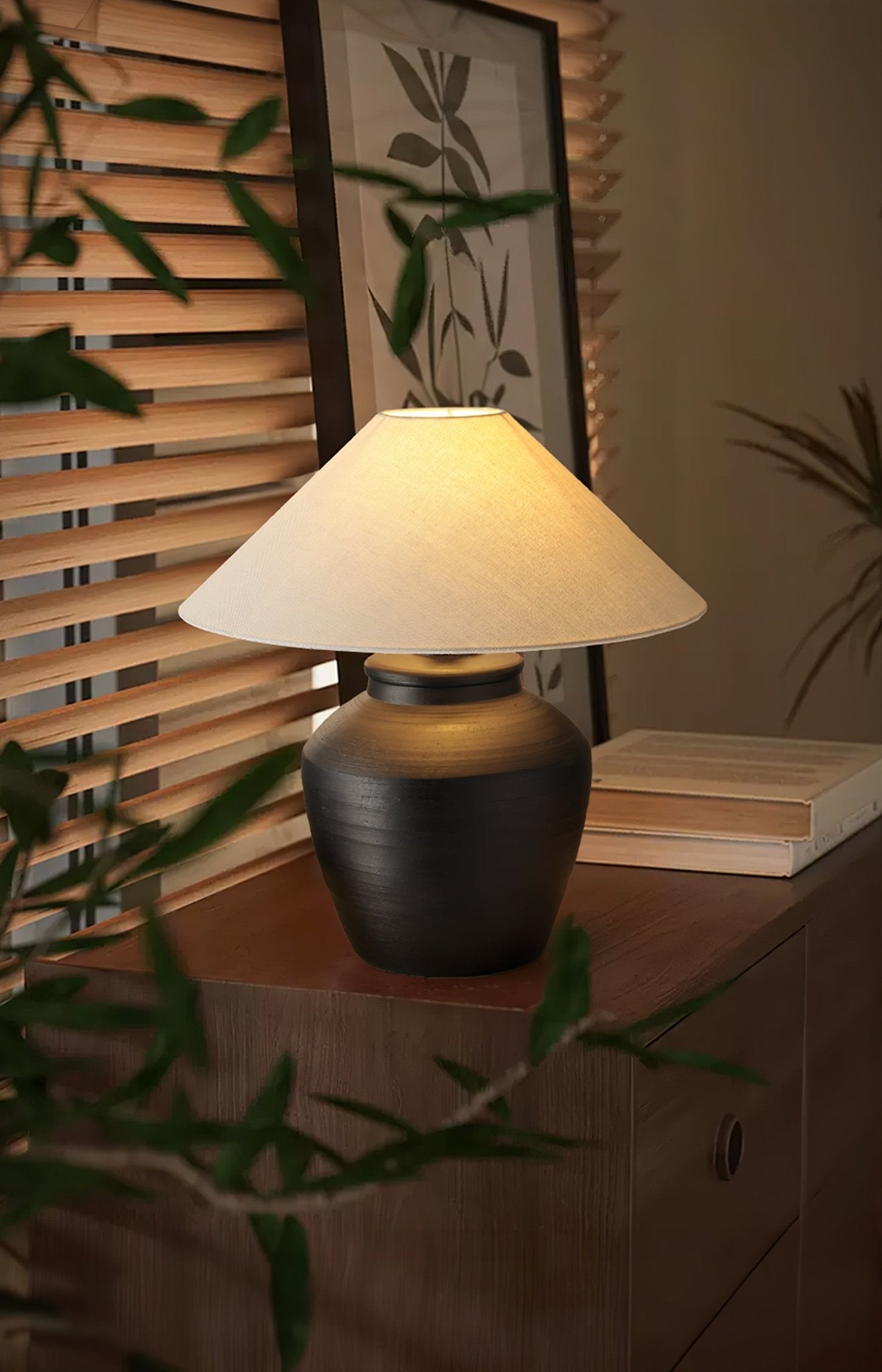 Ceramic Table Lamp | Matte Black with Beige Shade | 50cm Diameter