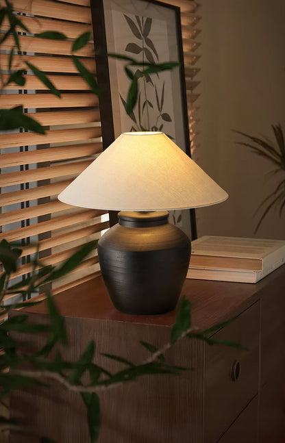 Ceramic Table Lamp | Matte Black with Beige Shade | 50cm Diameter