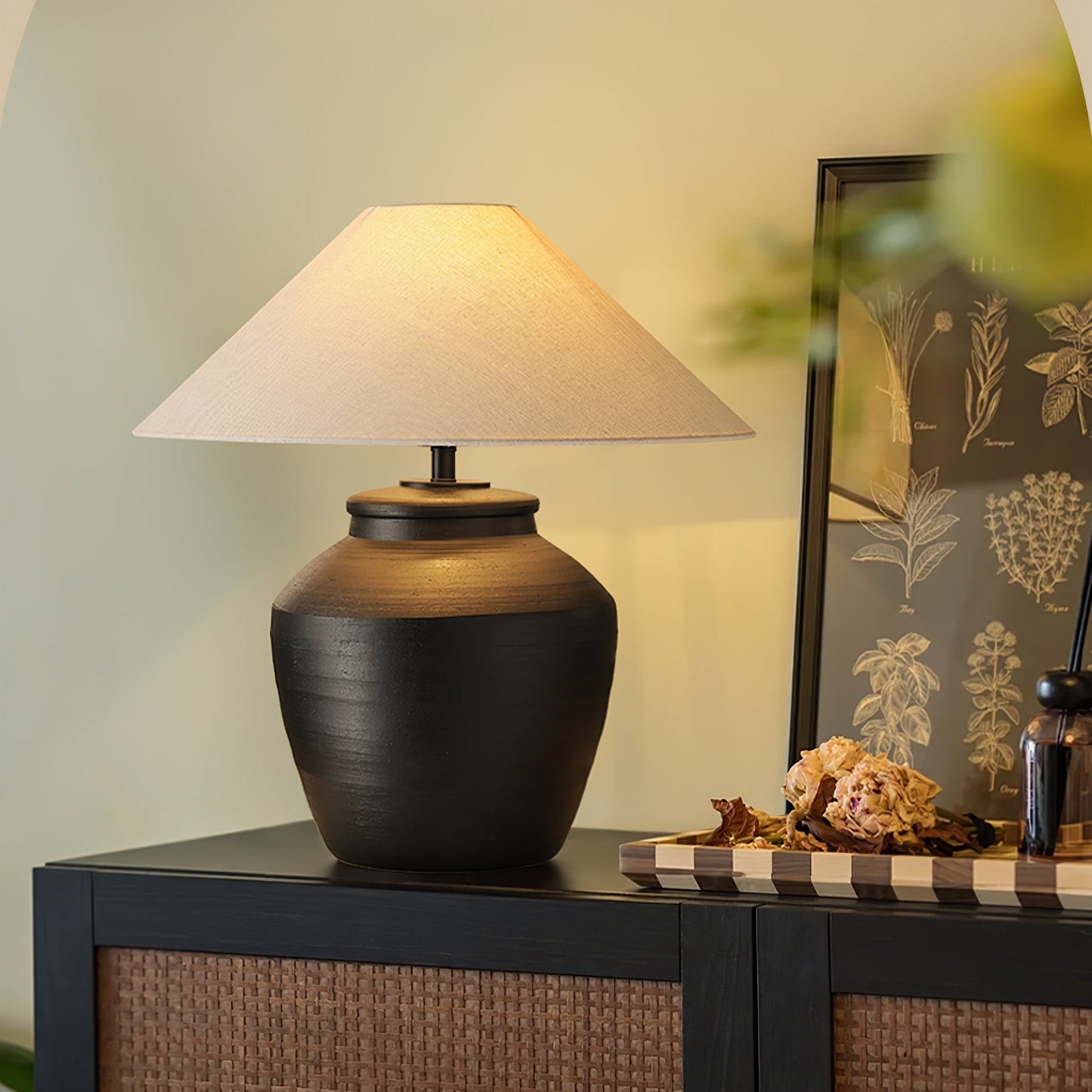 Ceramic Table Lamp | Matte Black with Beige Shade | 50cm Diameter