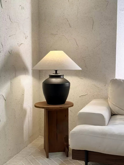 Ceramic Table Lamp | Matte Black with Beige Shade | 50cm Diameter