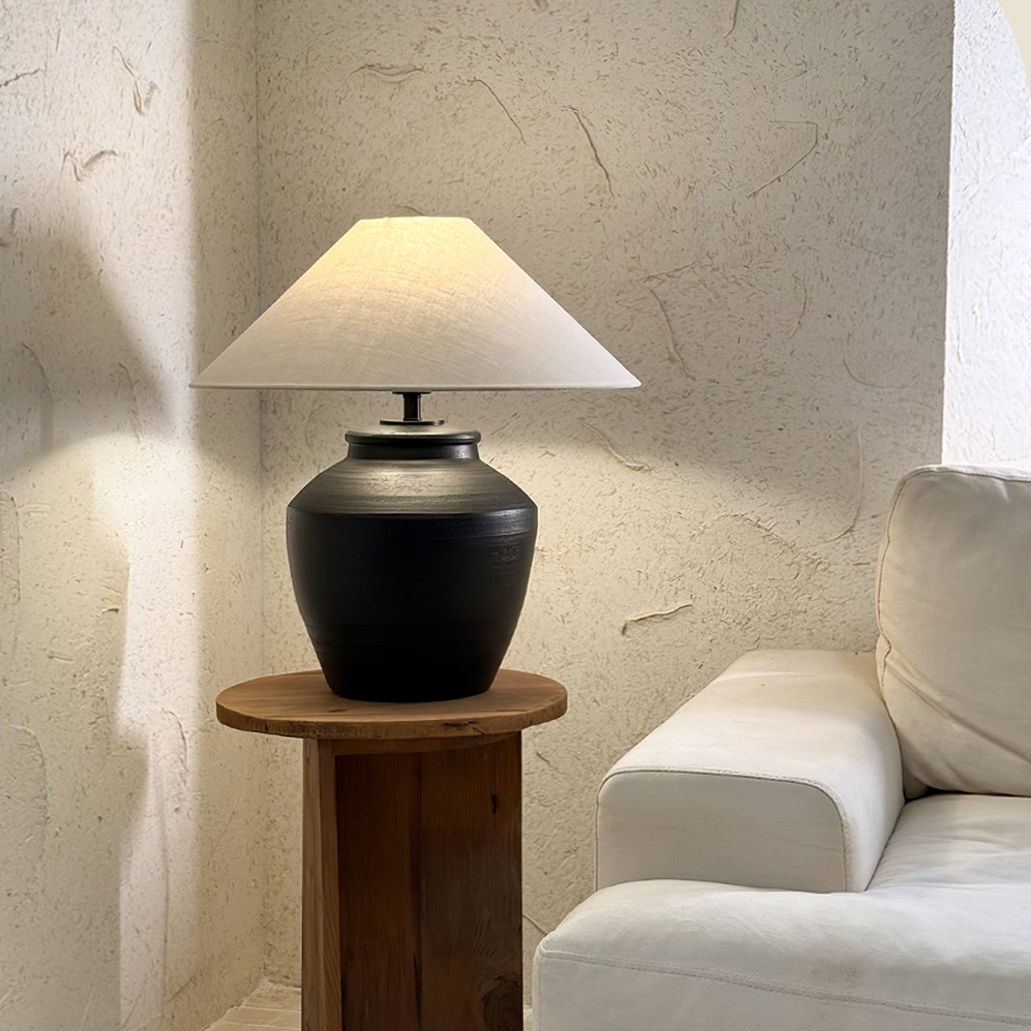Ceramic Table Lamp | Matte Black with Beige Shade | 50cm Diameter