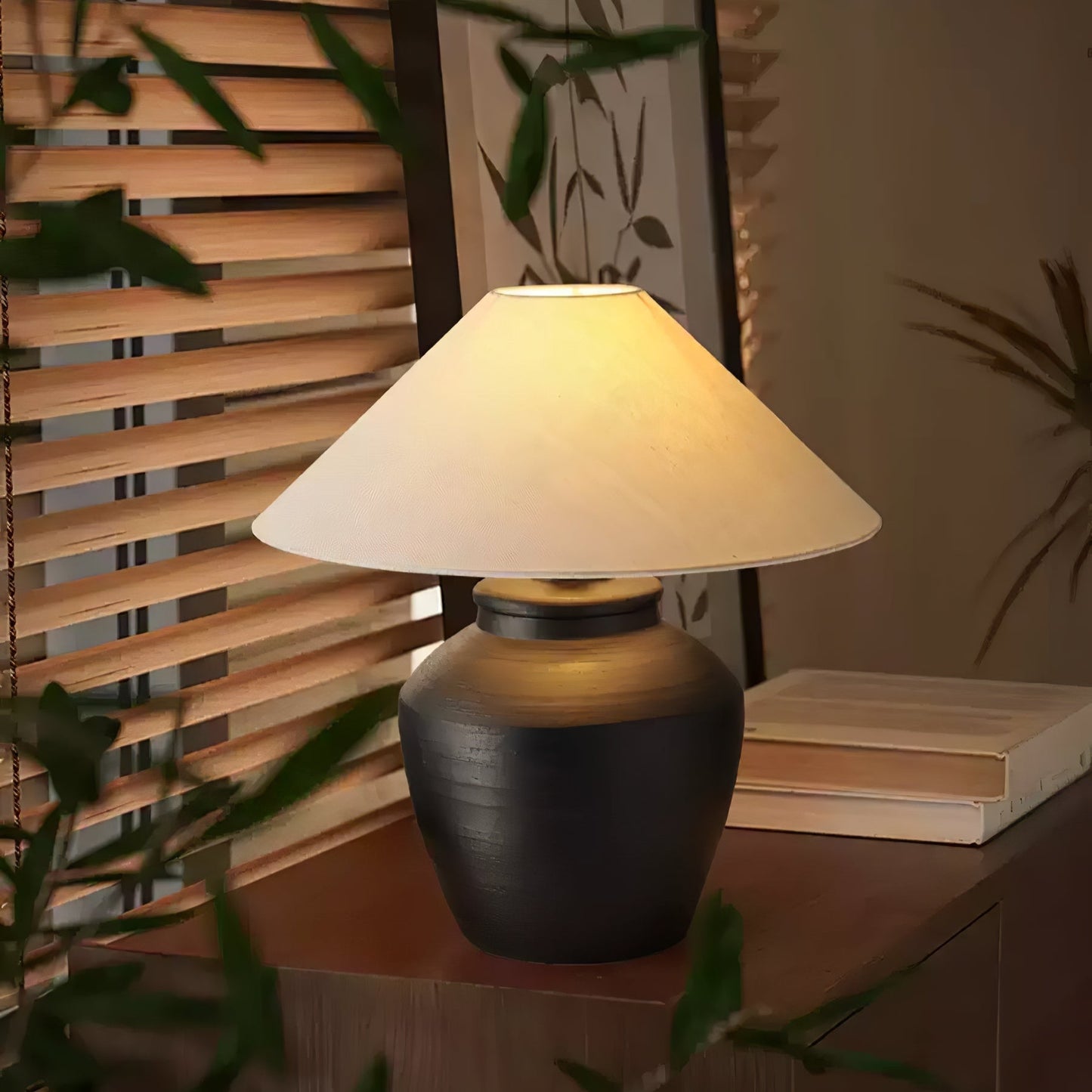 Ceramic Table Lamp | Matte Black with Beige Shade | 50cm Diameter