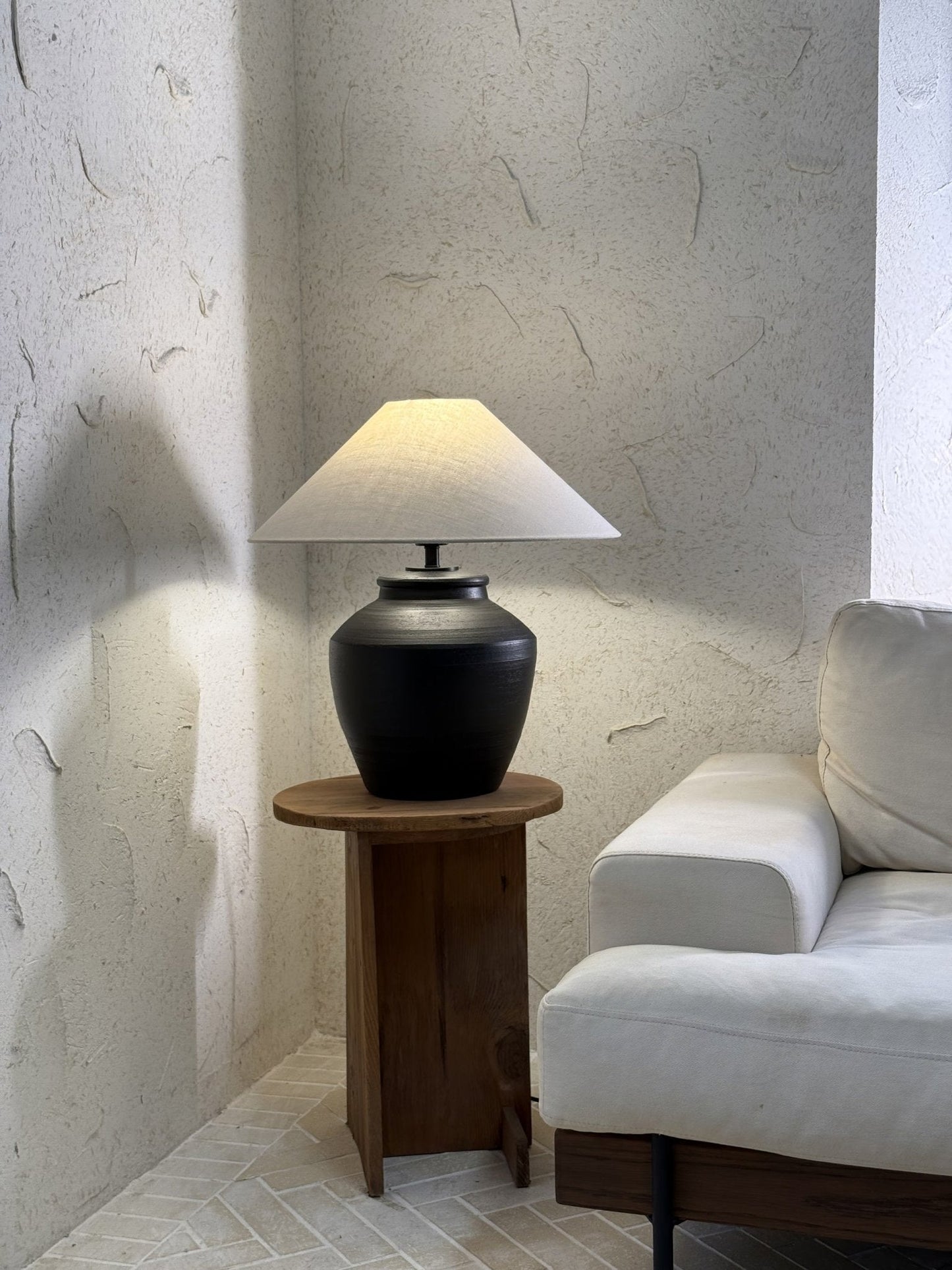 Ceramic Table Lamp | Matte Black with Beige Shade | 50cm Diameter