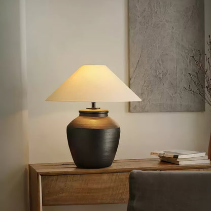 Ceramic Table Lamp | Matte Black with Beige Shade | 50cm Diameter