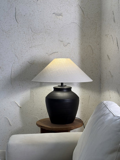 Ceramic Table Lamp | Matte Black with Beige Shade | 50cm Diameter