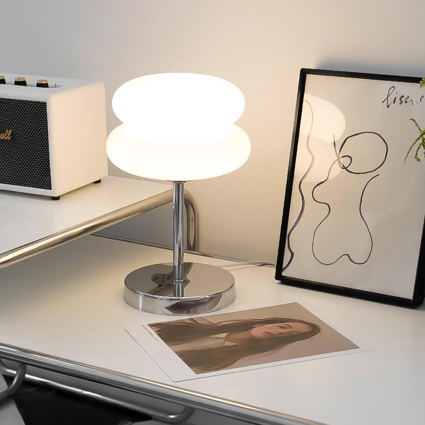 Saturn Glide Table Lamp | Metal & Glass | Chrome Base, White Shade