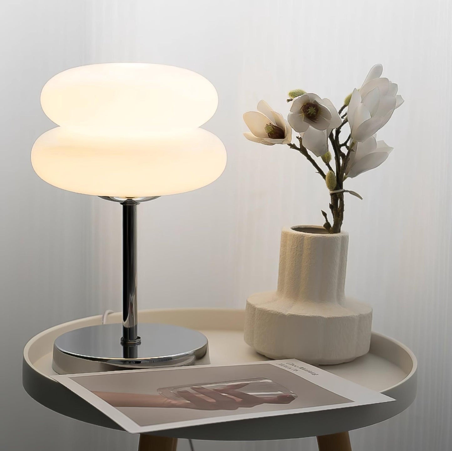 Saturn Glide Table Lamp | Metal & Glass | Chrome Base, White Shade