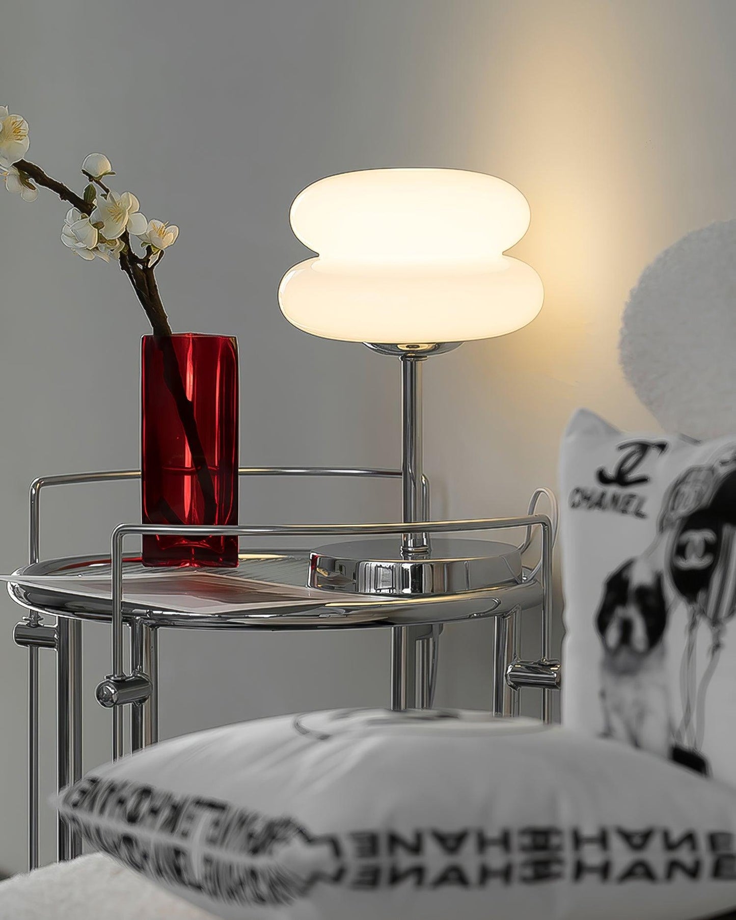 Saturn Glide Table Lamp | Metal & Glass | Chrome Base, White Shade