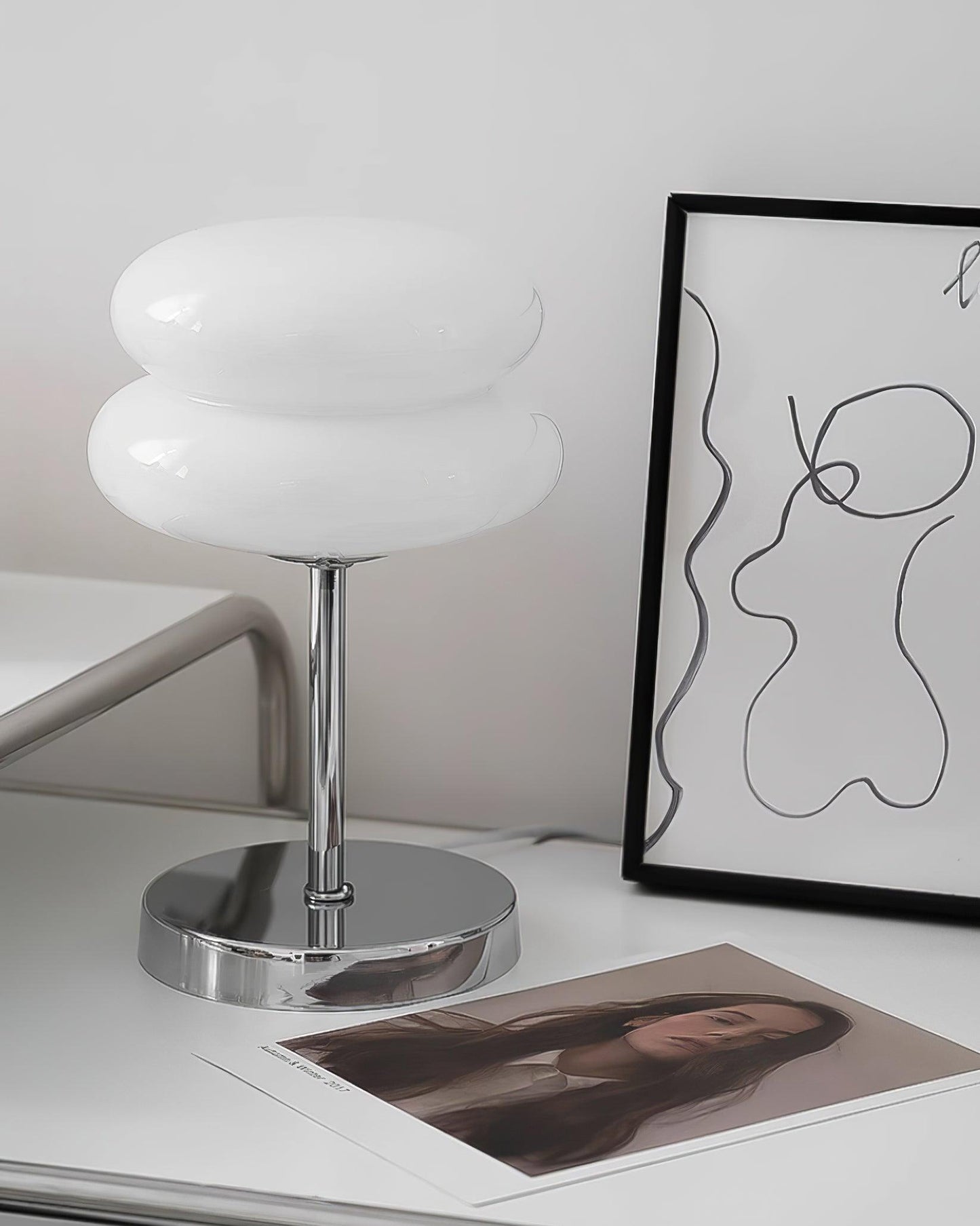 Saturn Glide Table Lamp | Metal & Glass | Chrome Base, White Shade