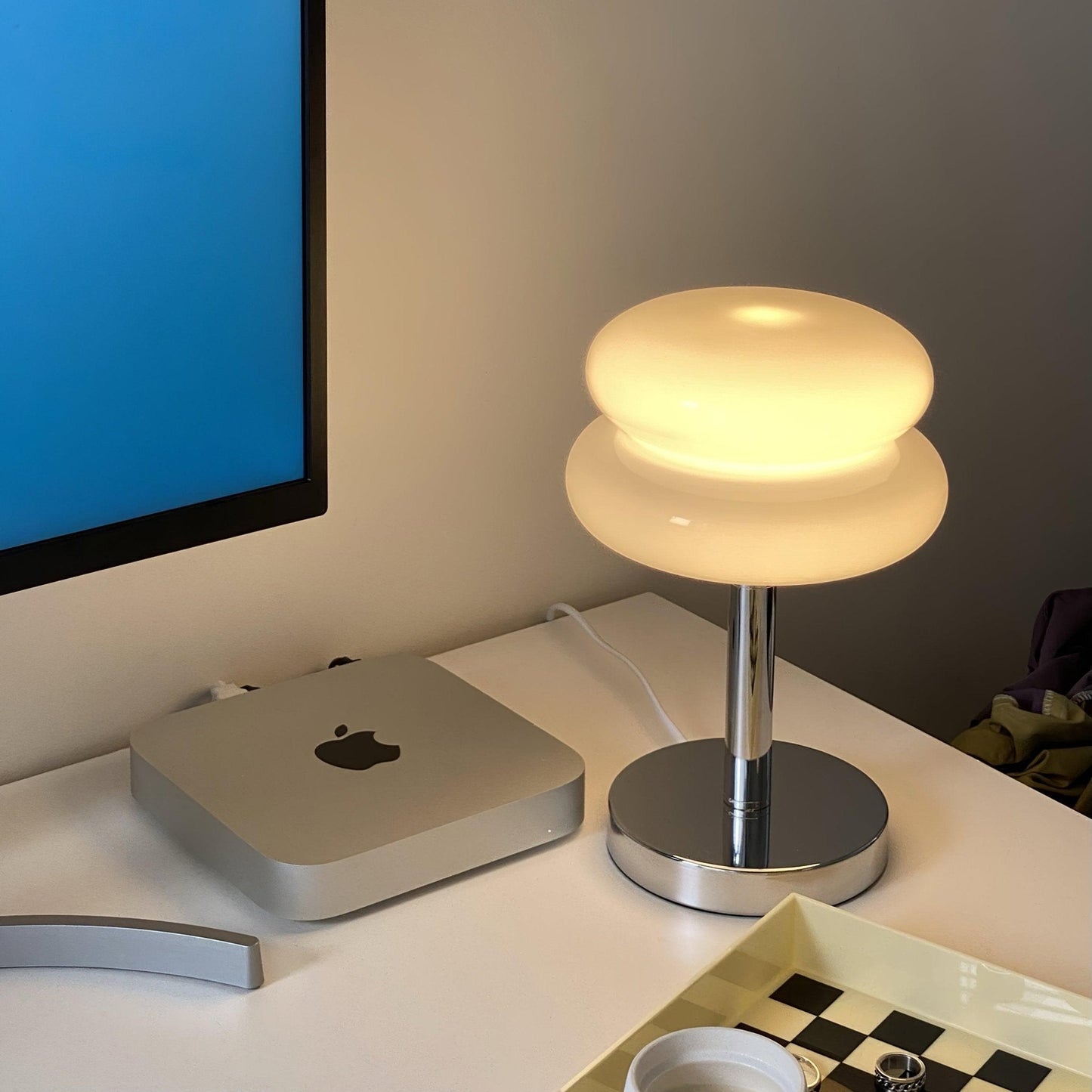 Saturn Glide Table Lamp | Metal & Glass | Chrome Base, White Shade