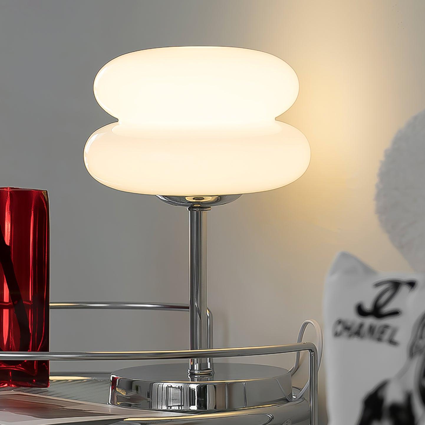 Saturn Glide Table Lamp | Metal & Glass | Chrome Base, White Shade