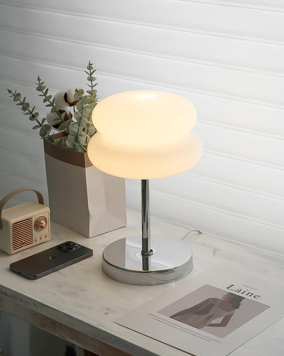 Saturn Glide Table Lamp | Metal & Glass | Chrome Base, White Shade