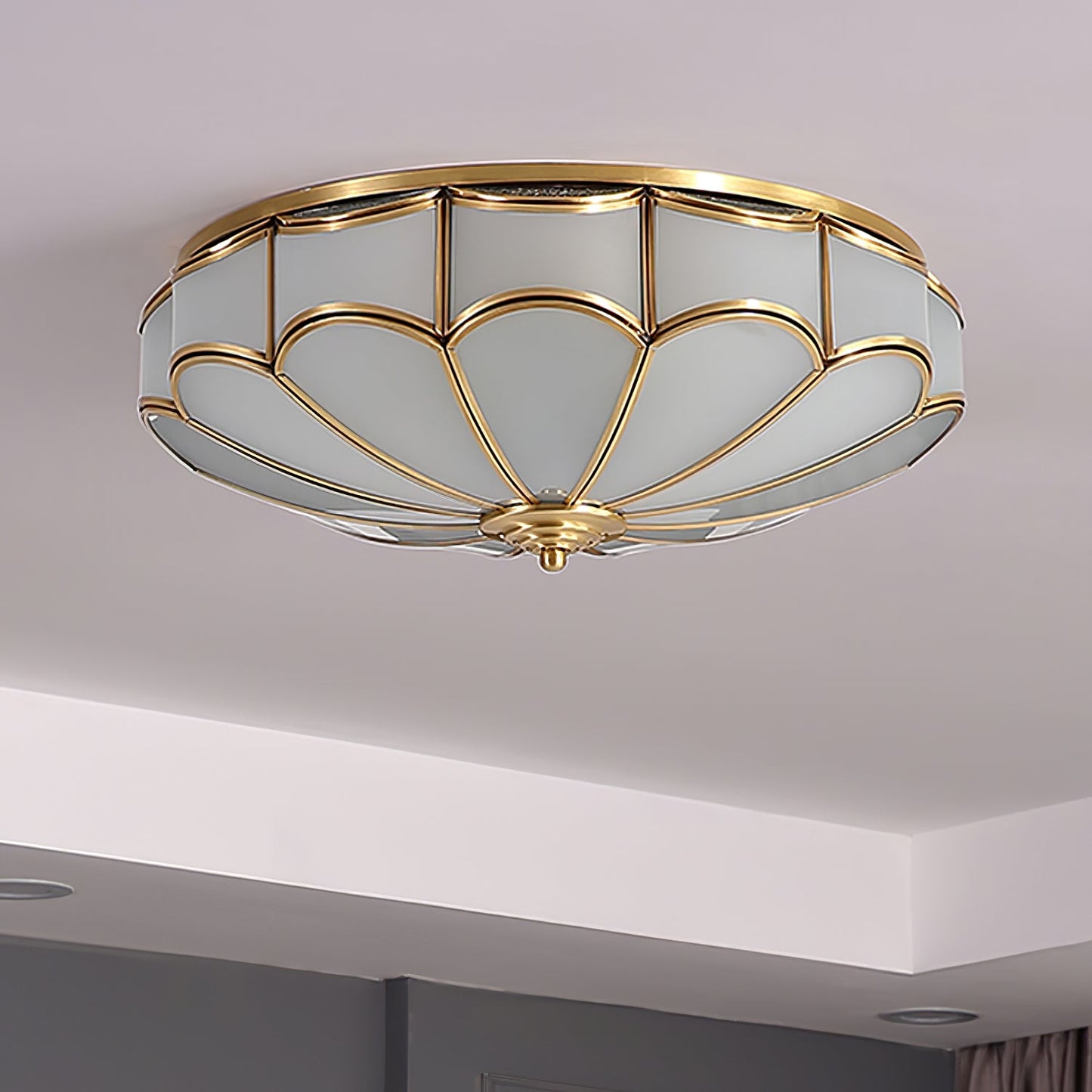 Flush Ceiling Light | Brass & White Glass | 3-8 Bulbs