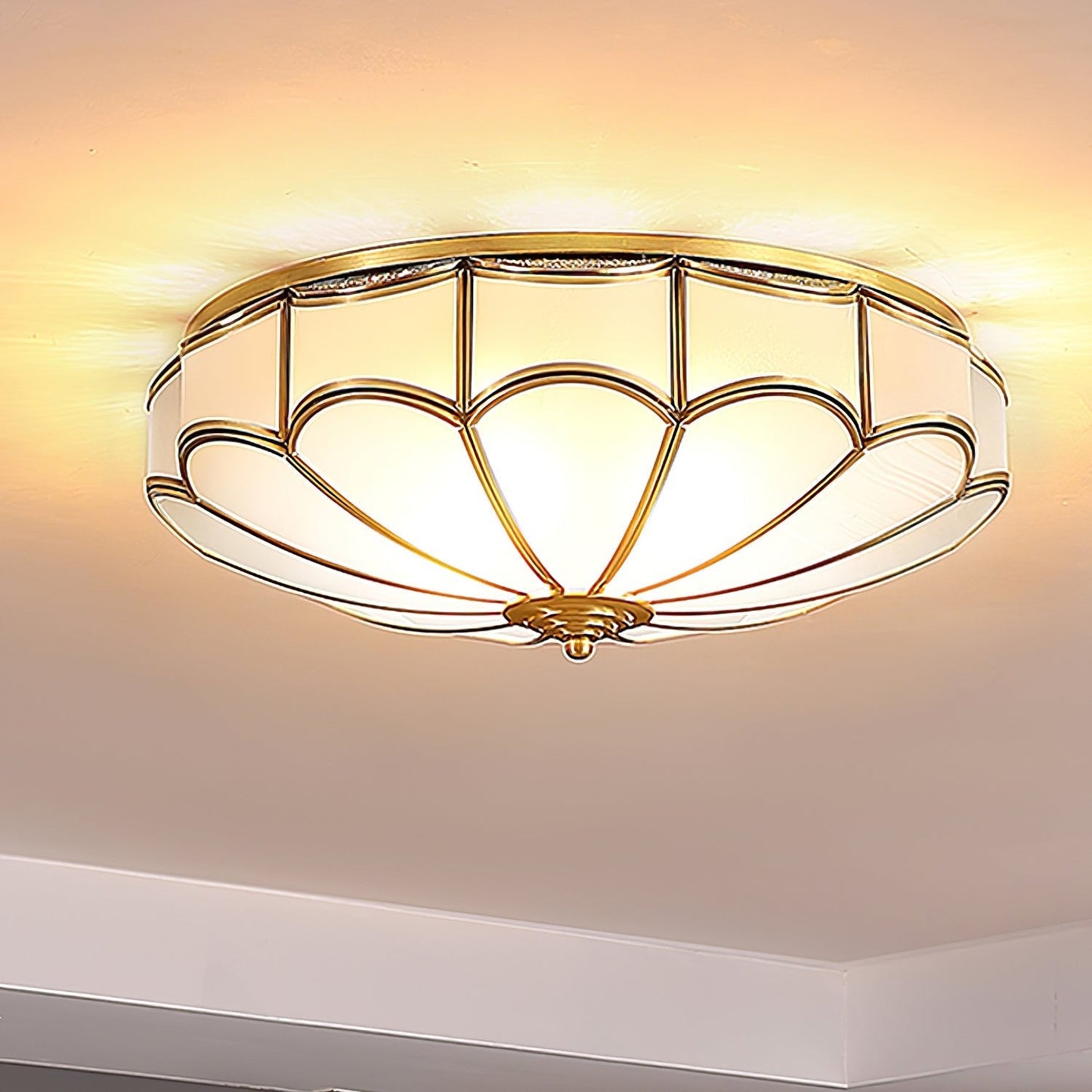 Flush Ceiling Light | Brass & White Glass | 3-8 Bulbs