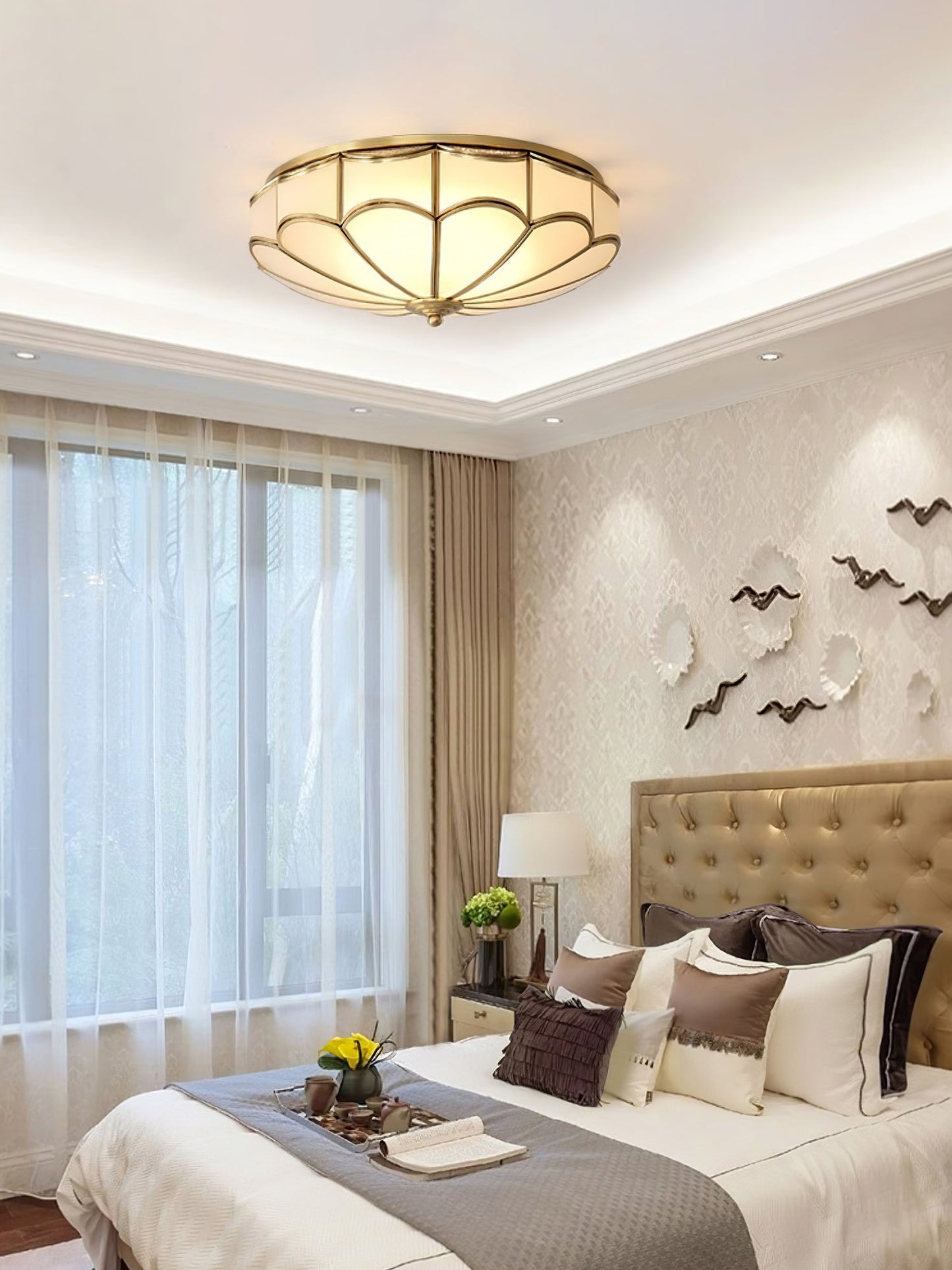 Flush Ceiling Light | Brass & White Glass | 3-8 Bulbs