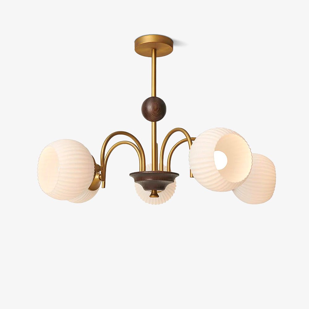 Glass Ribbed Chandelier | Metal & Glass | Gold & Walnut Finish