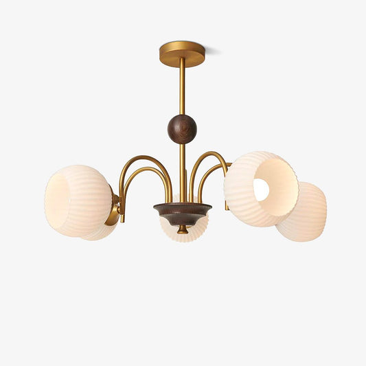 Glass Ribbed Chandelier | Metal & Glass | Gold & Walnut Finish