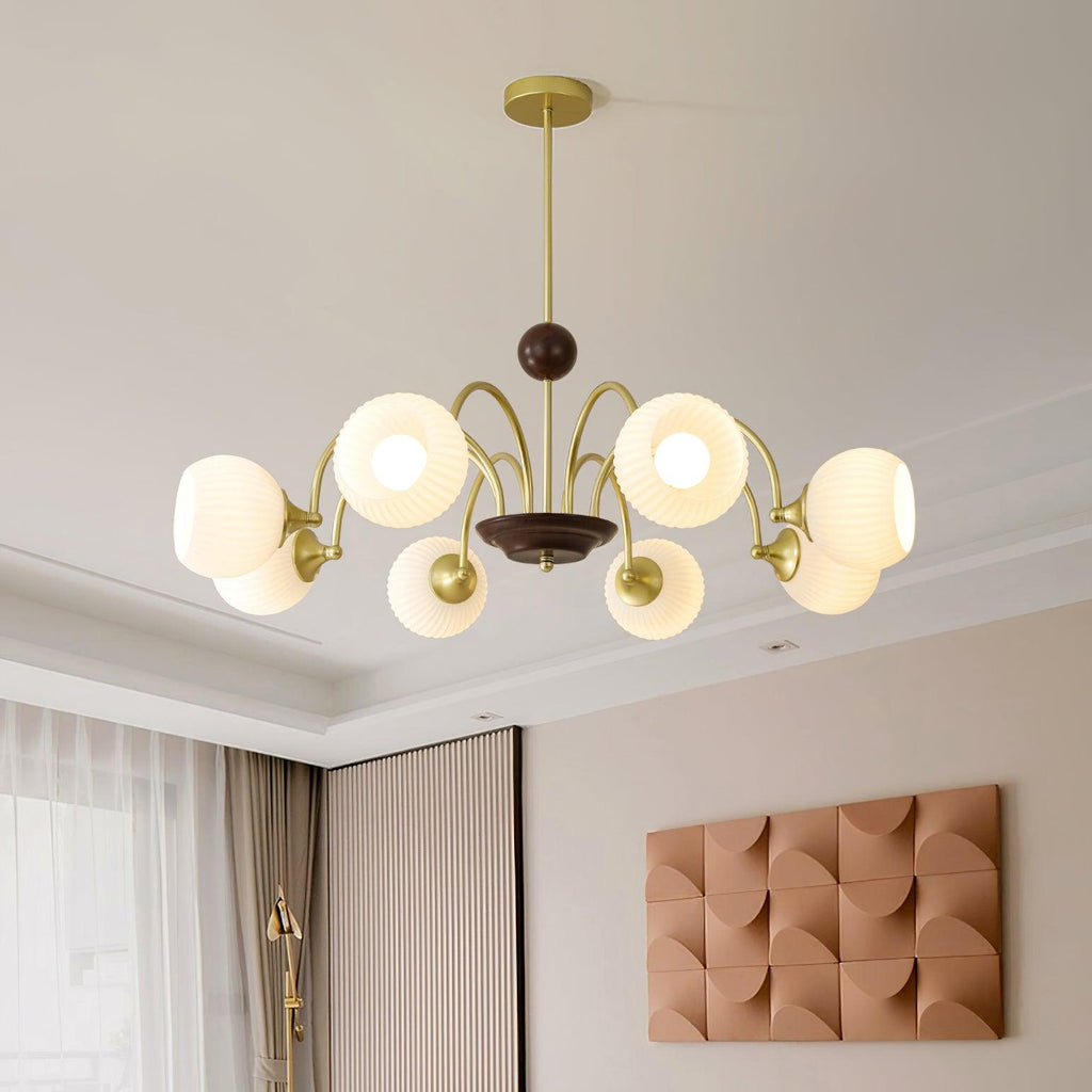 Glass Ribbed Chandelier | Metal & Glass | Gold & Walnut Finish