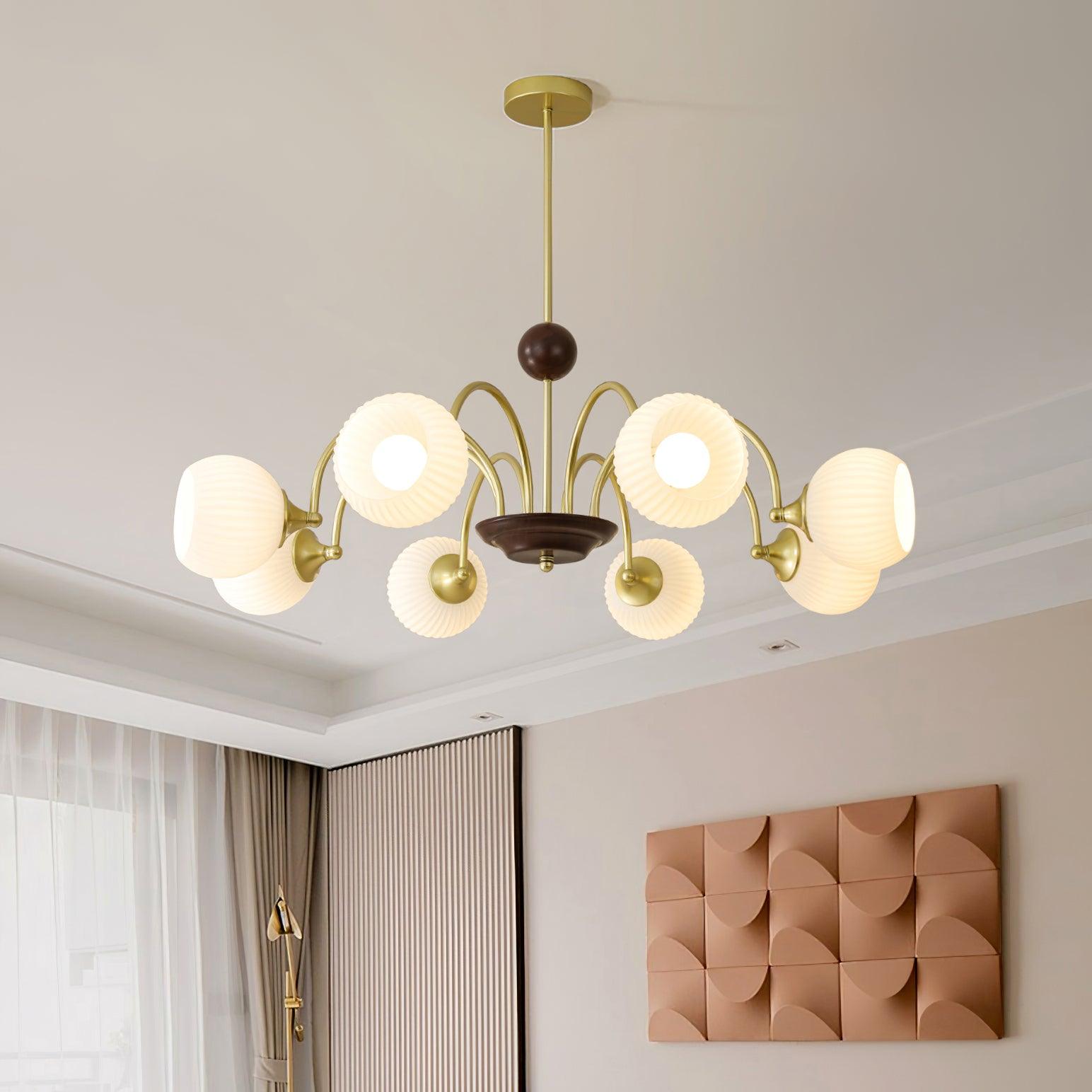 Glass Ribbed Chandelier | Metal & Glass | Gold & Walnut Finish