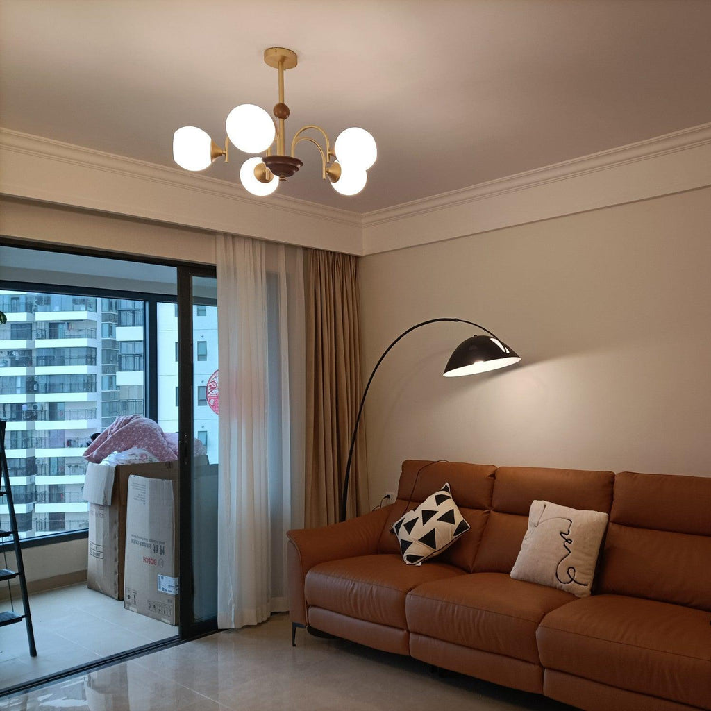 Glass Ribbed Chandelier | Metal & Glass | Gold & Walnut Finish