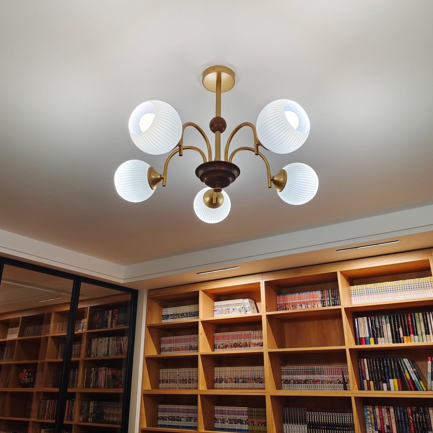 Glass Ribbed Chandelier | Metal & Glass | Gold & Walnut Finish