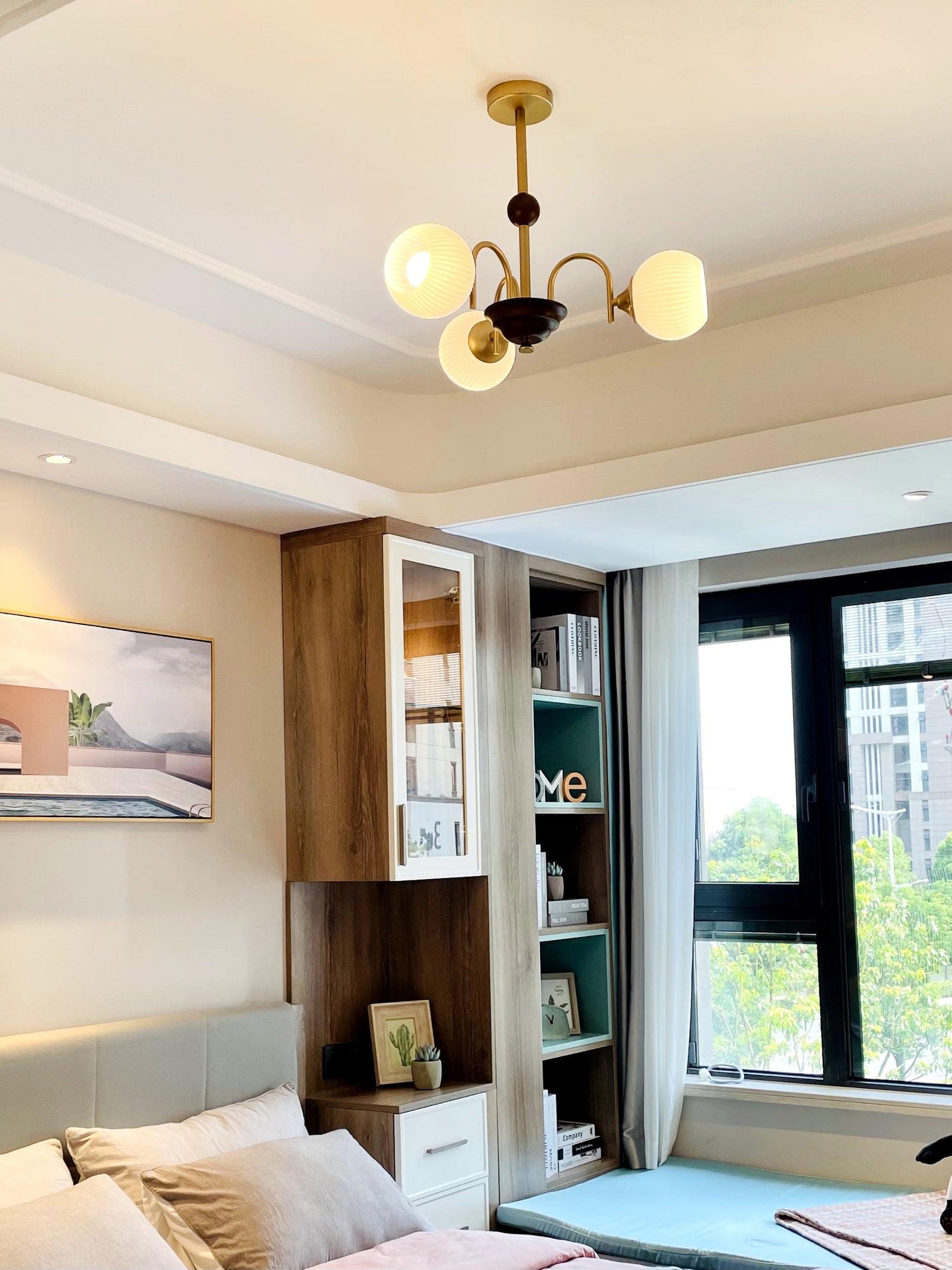 Glass Ribbed Chandelier | Metal & Glass | Gold & Walnut Finish