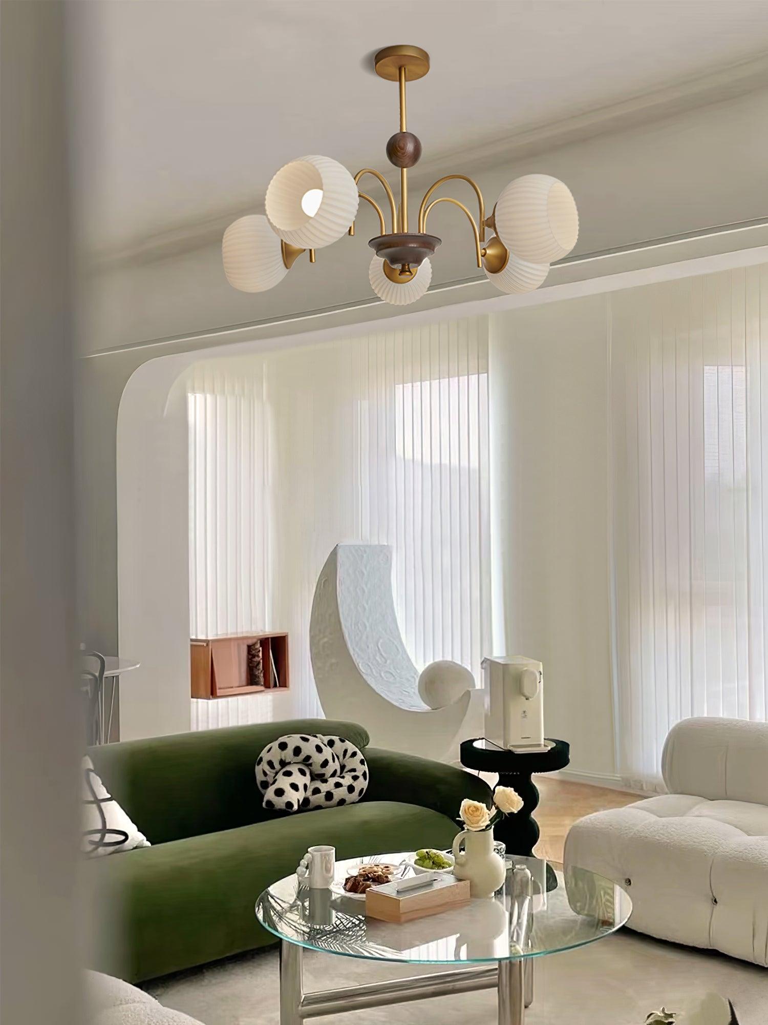 Glass Ribbed Chandelier | Metal & Glass | Gold & Walnut Finish