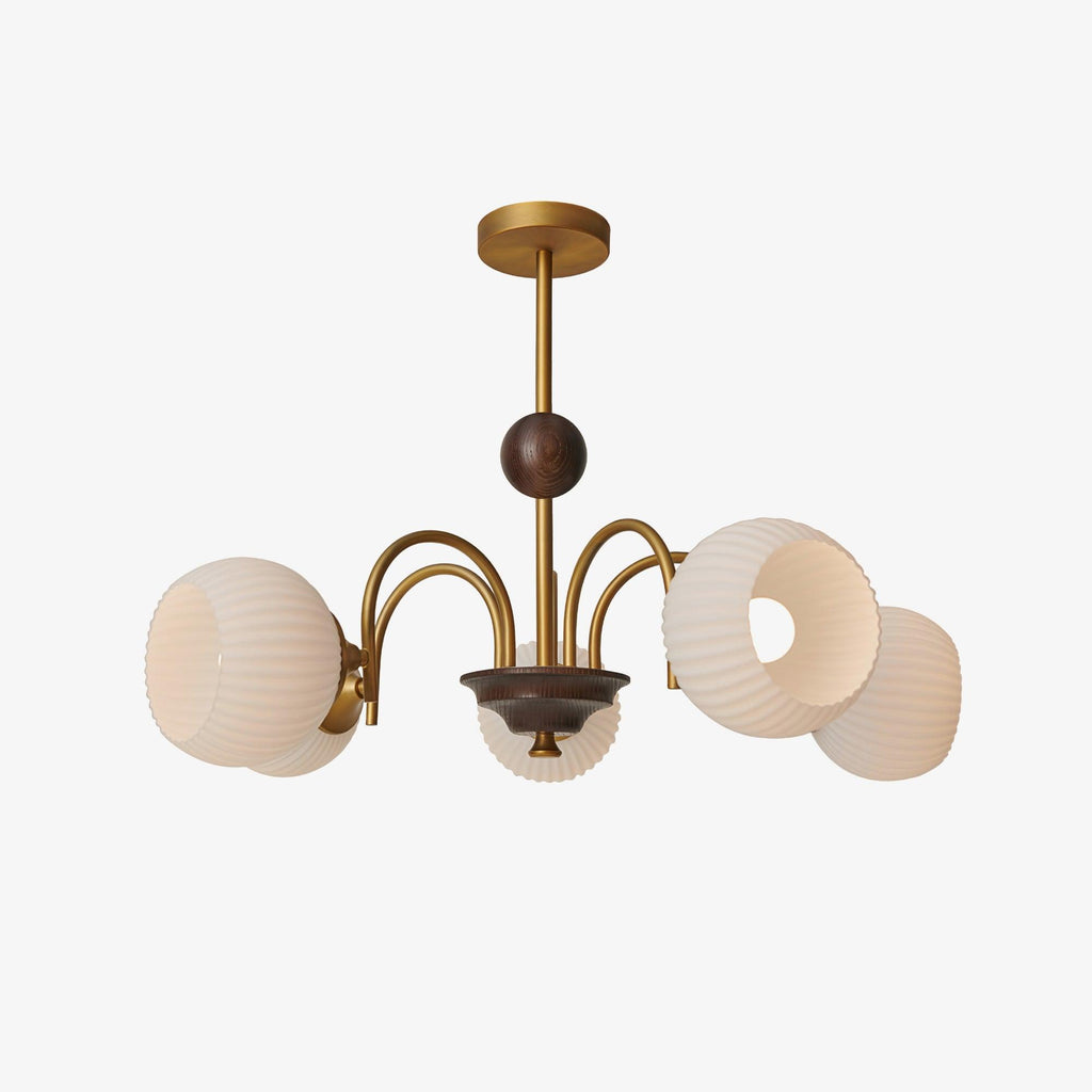 Glass Ribbed Chandelier | Metal & Glass | Gold & Walnut Finish