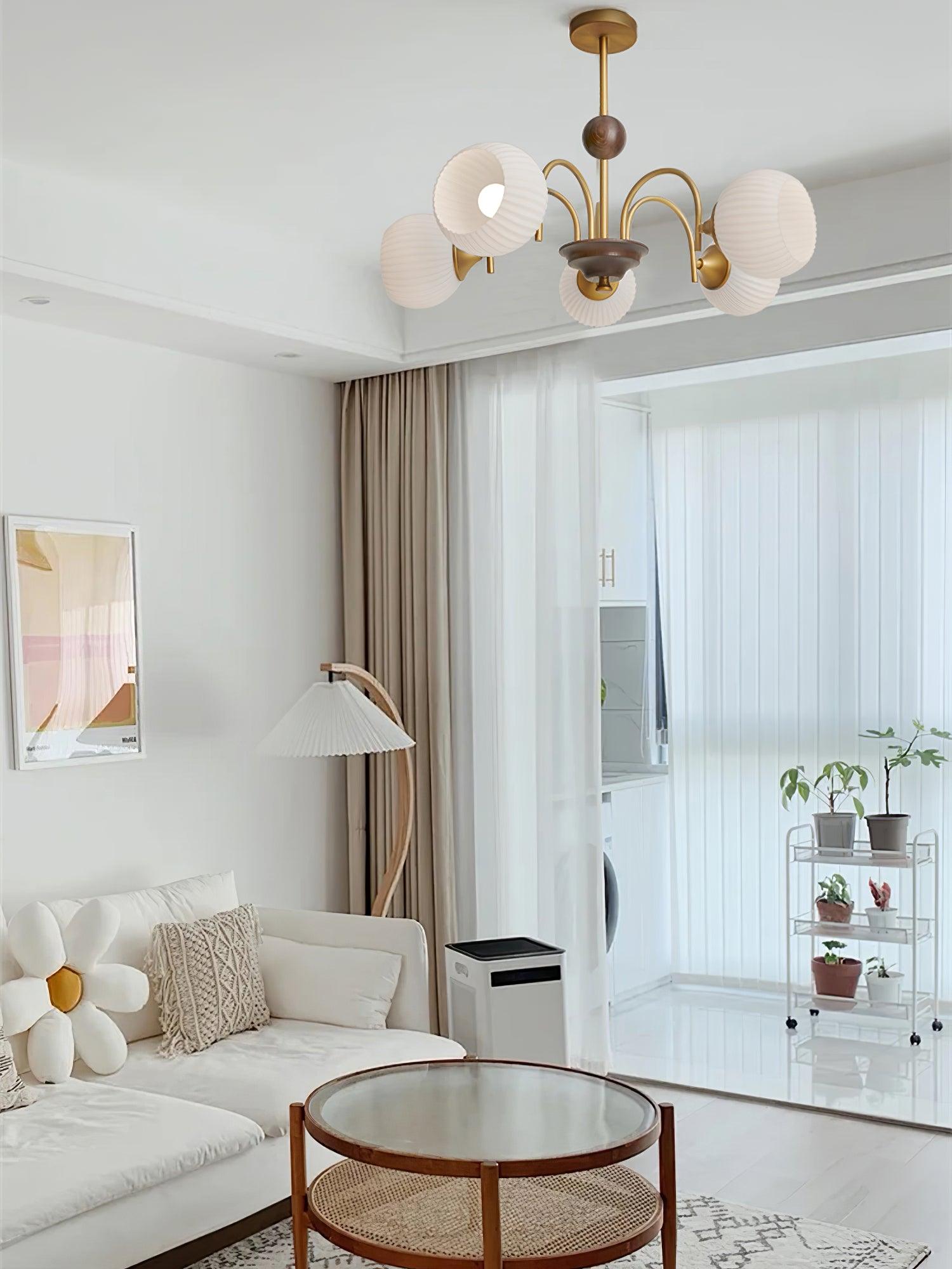 Glass Ribbed Chandelier | Metal & Glass | Gold & Walnut Finish