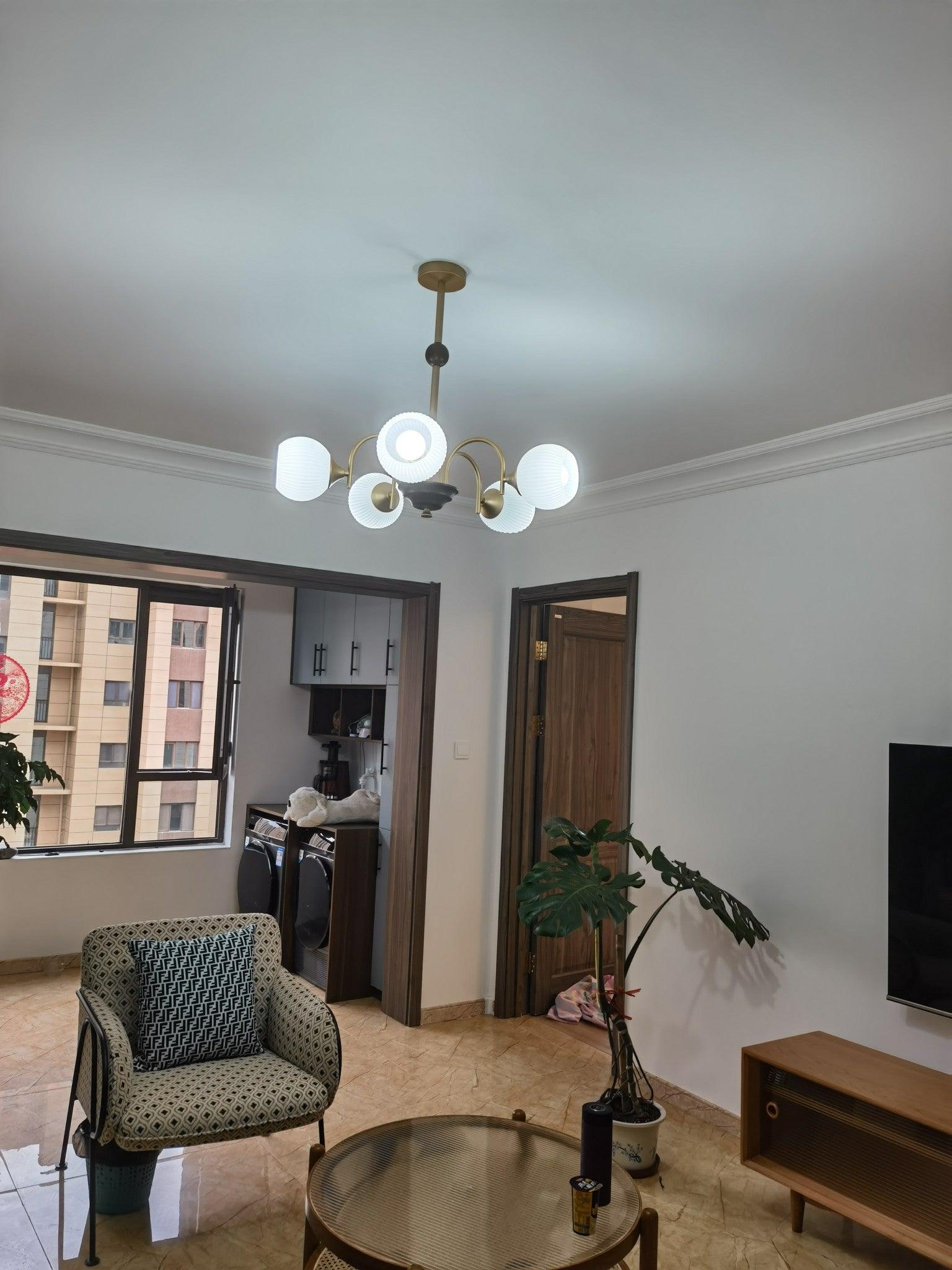 Glass Ribbed Chandelier | Metal & Glass | Gold & Walnut Finish