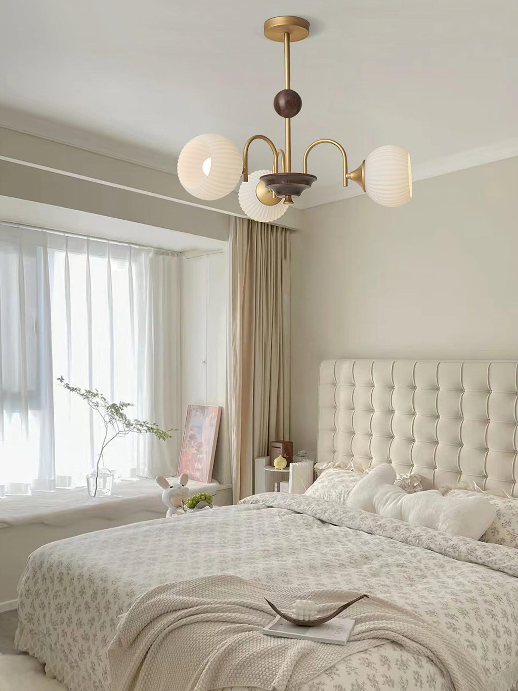Glass Ribbed Chandelier | Metal & Glass | Gold & Walnut Finish