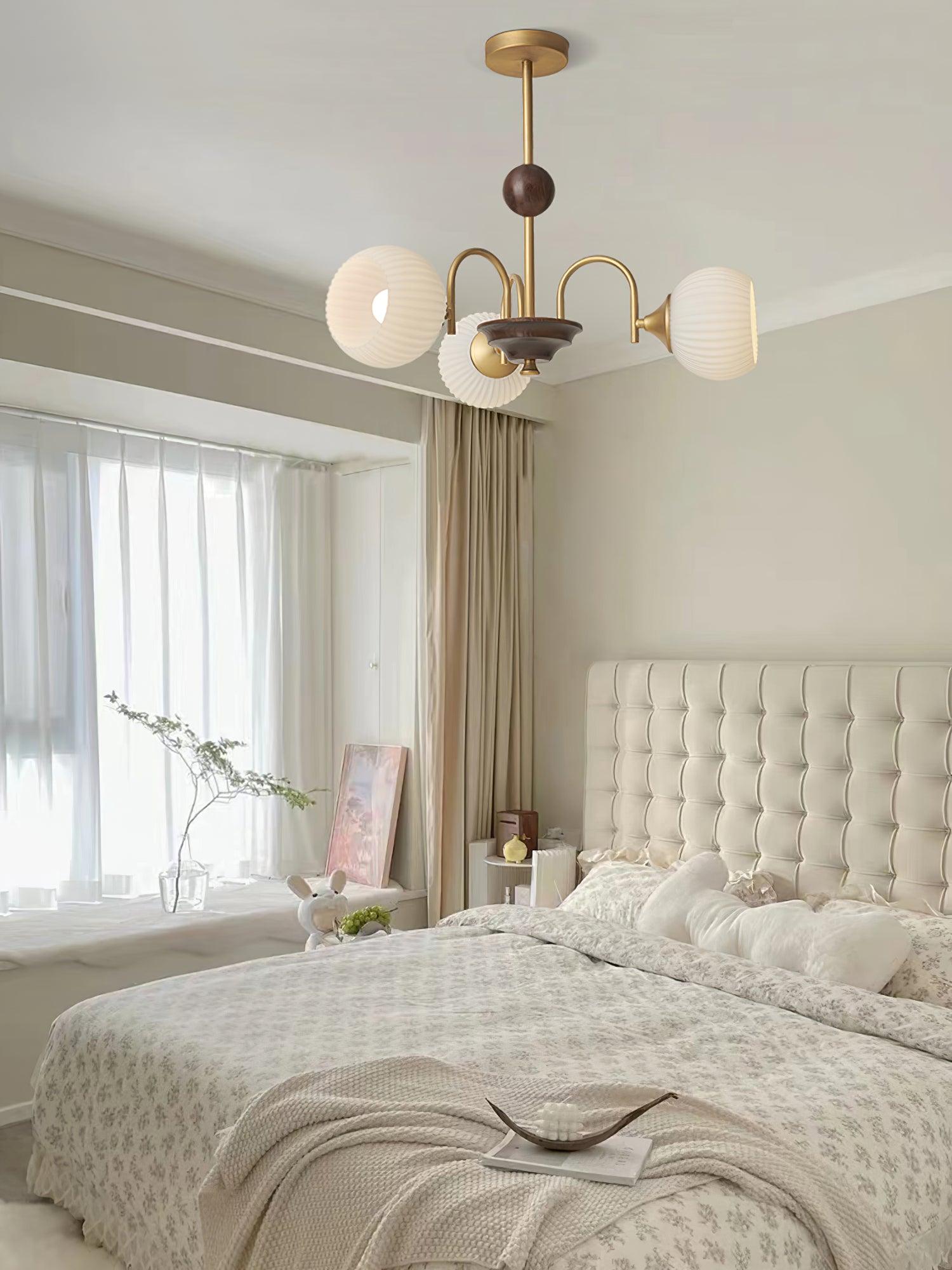 Glass Ribbed Chandelier | Metal & Glass | Gold & Walnut Finish