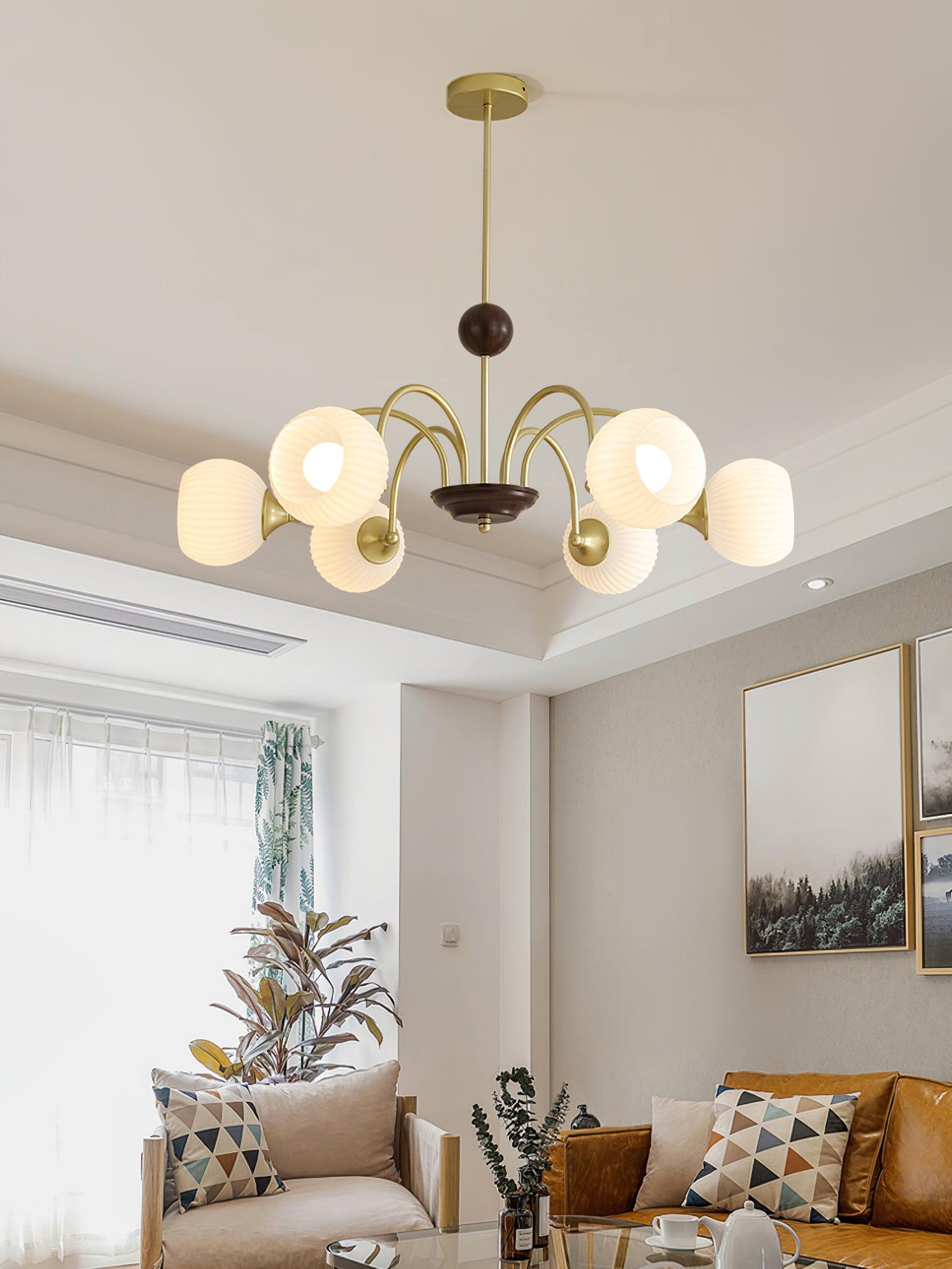 Glass Ribbed Chandelier | Metal & Glass | Gold & Walnut Finish