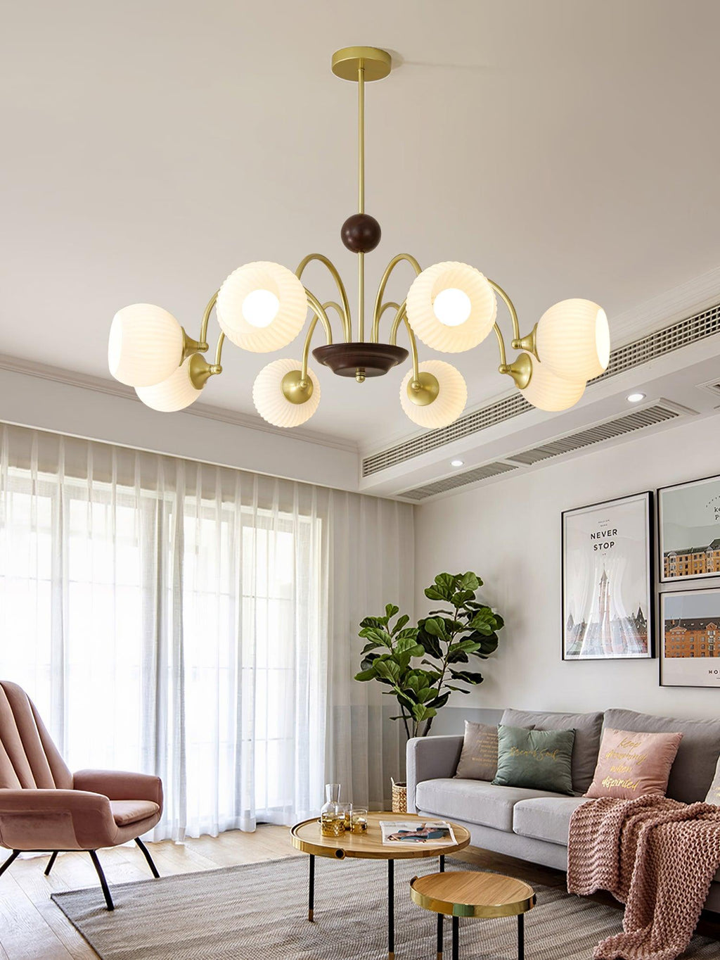 Glass Ribbed Chandelier | Metal & Glass | Gold & Walnut Finish