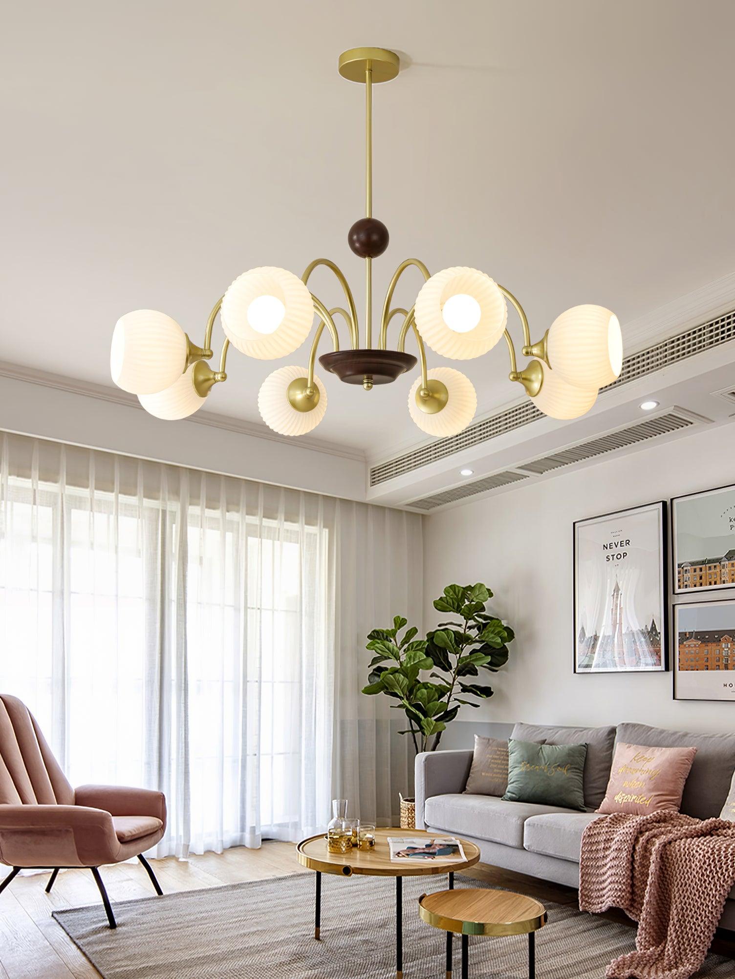 Glass Ribbed Chandelier | Metal & Glass | Gold & Walnut Finish