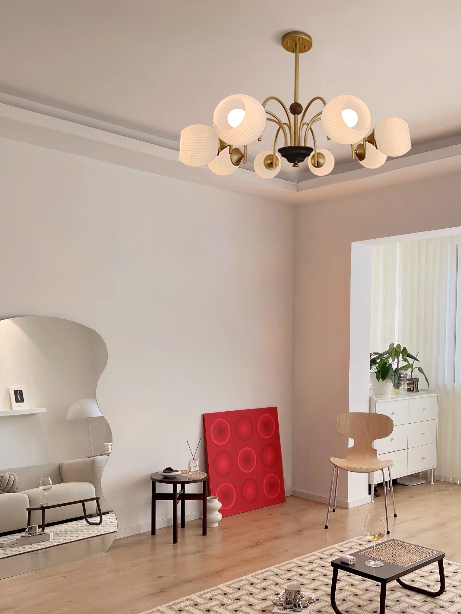 Glass Ribbed Chandelier | Metal & Glass | Gold & Walnut Finish