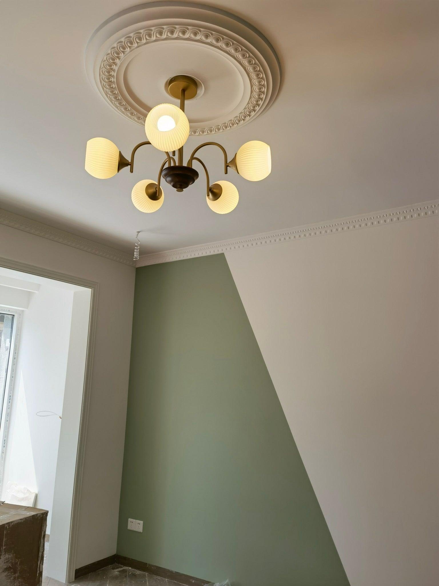 Glass Ribbed Chandelier | Metal & Glass | Gold & Walnut Finish