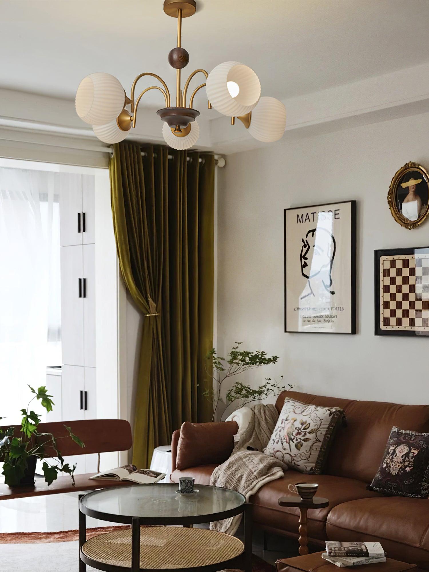 Glass Ribbed Chandelier | Metal & Glass | Gold & Walnut Finish