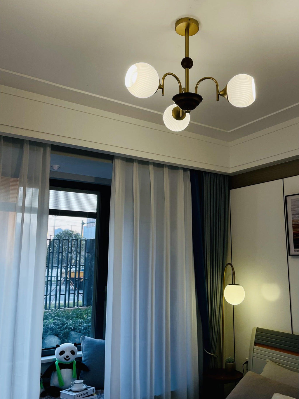 Glass Ribbed Chandelier | Metal & Glass | Gold & Walnut Finish