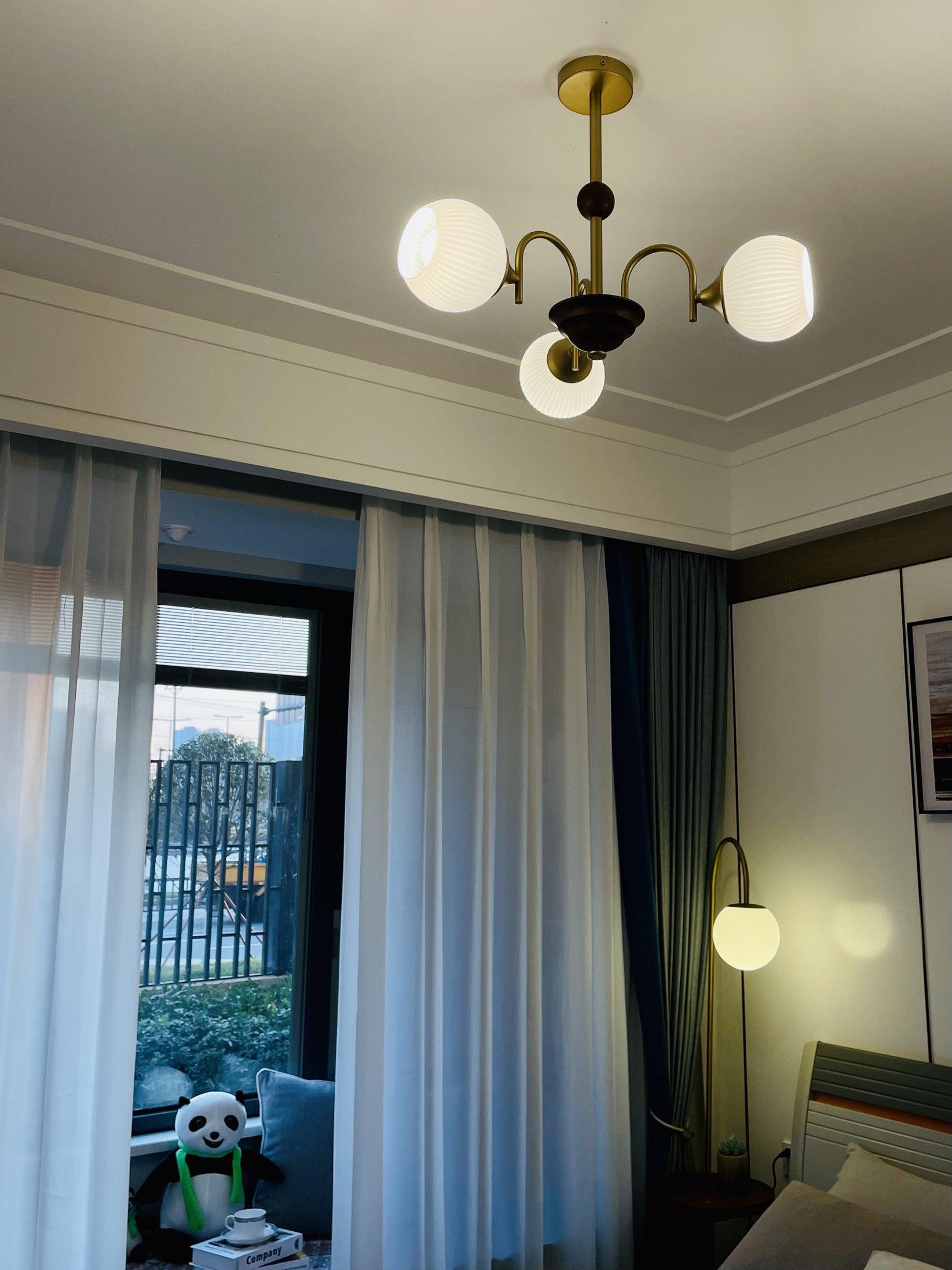 Glass Ribbed Chandelier | Metal & Glass | Gold & Walnut Finish