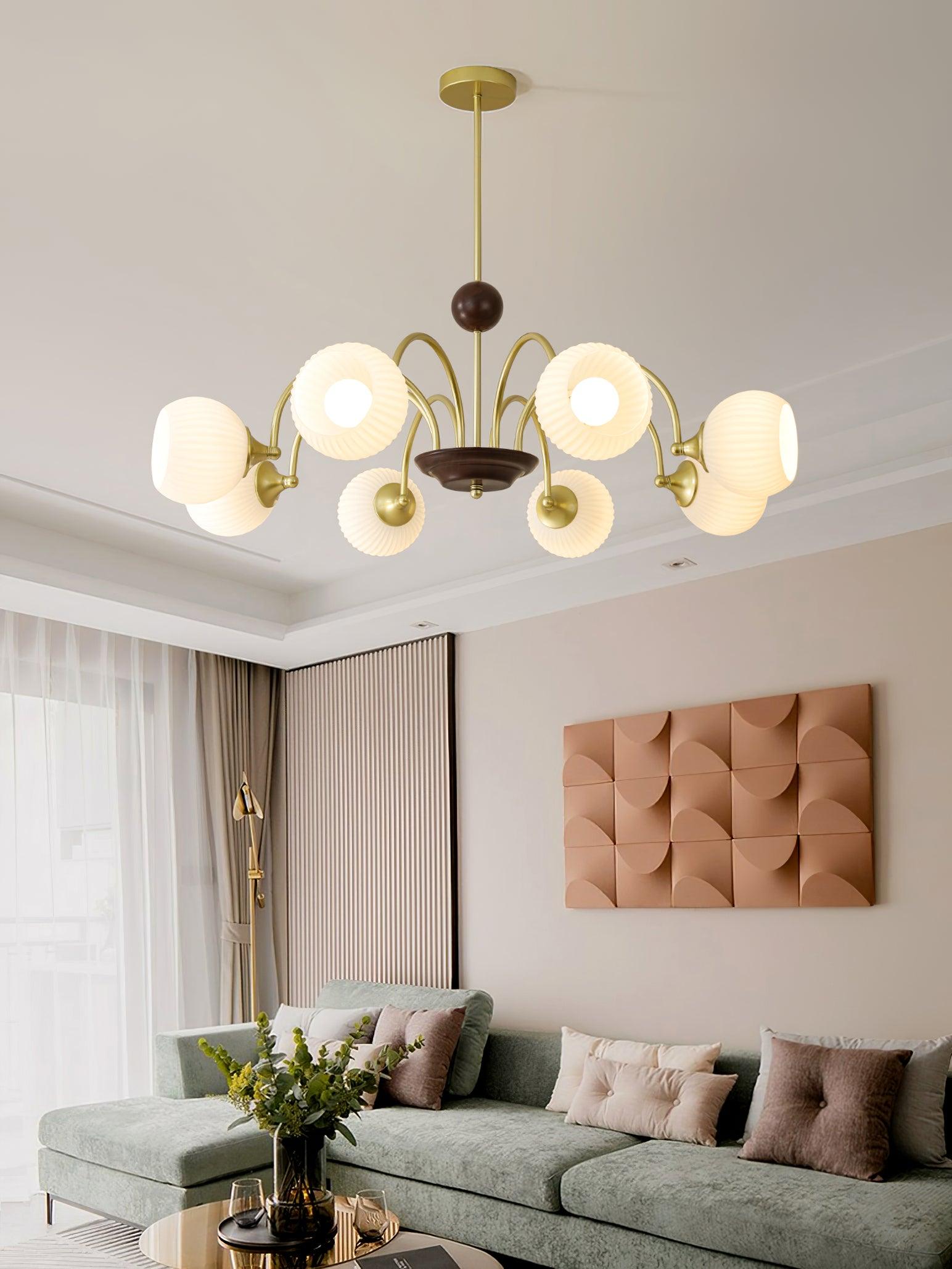 Glass Ribbed Chandelier | Metal & Glass | Gold & Walnut Finish