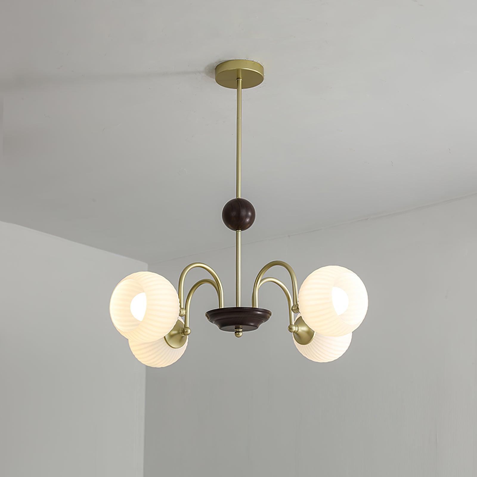 Glass Ribbed Chandelier | Metal & Glass | Gold & Walnut Finish